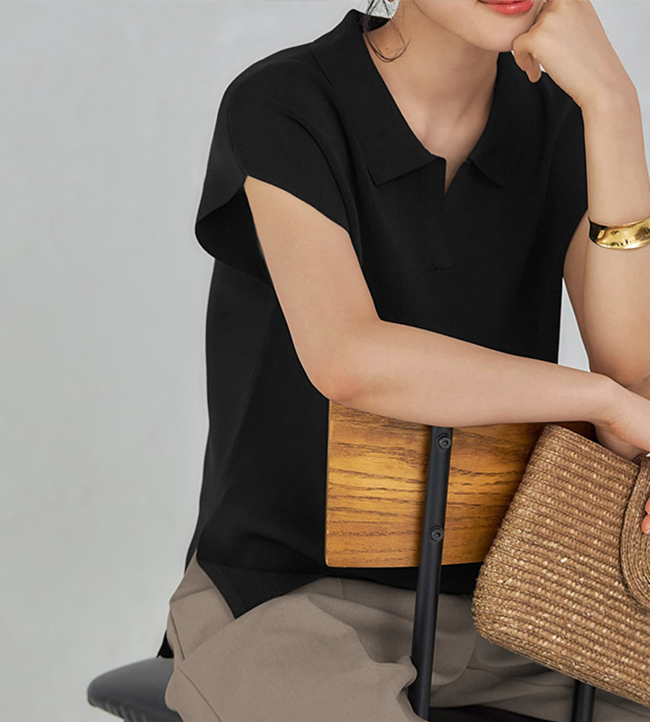 新涼感オープン襟付きニットトップス