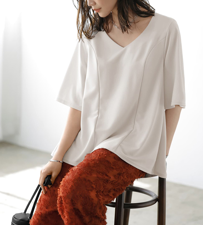 【Made in 【Made in JAPAN】カットジョーゼット５分袖フレアブラウス