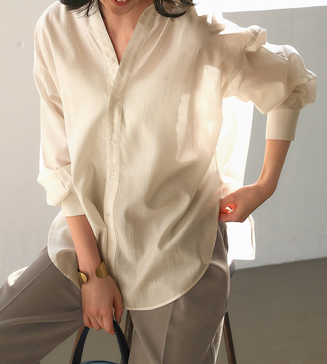 微シアー＆微光沢シワ加工スキッパーシャツ