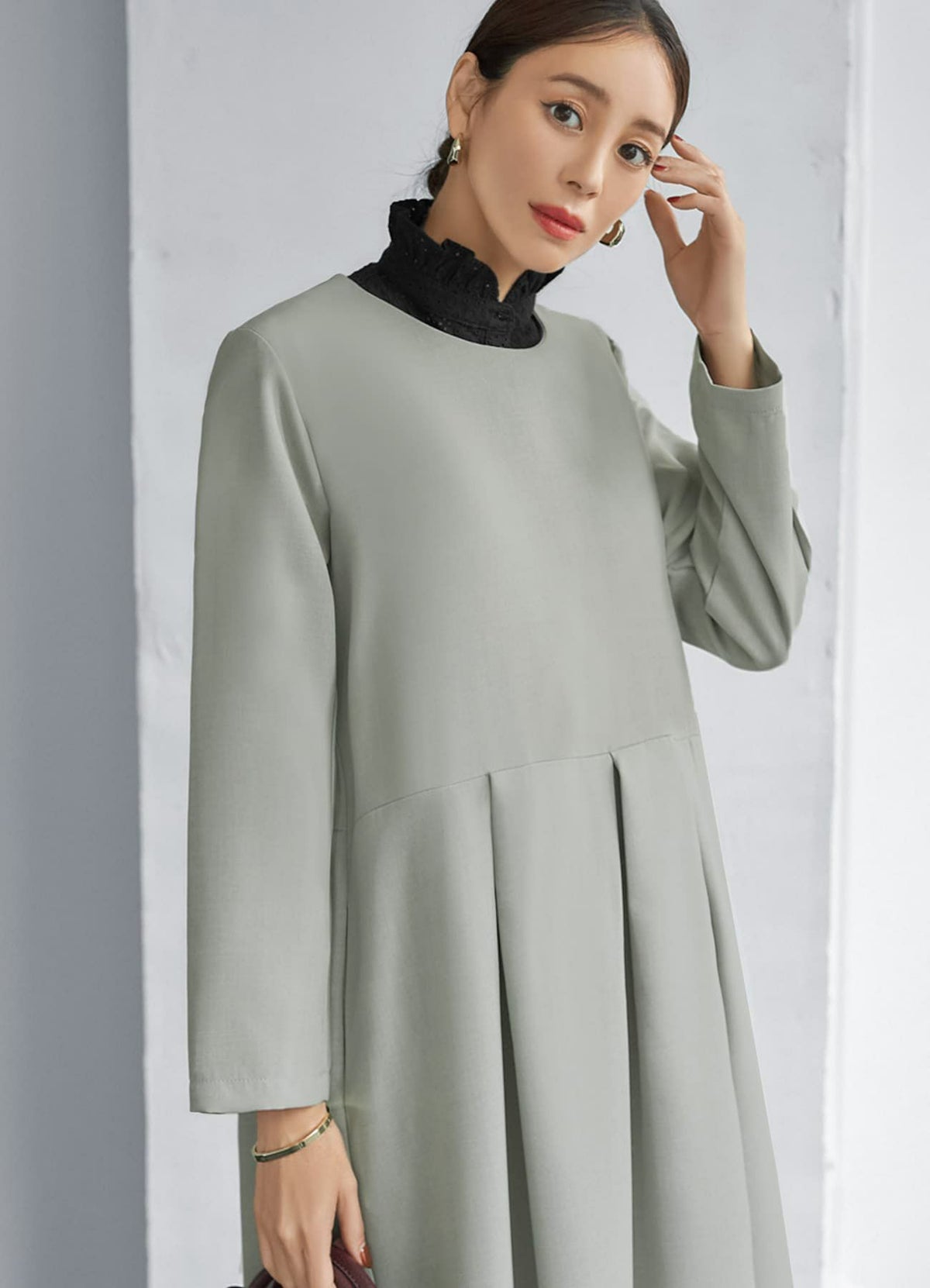 ツートーン織りゆったりタックワンピース