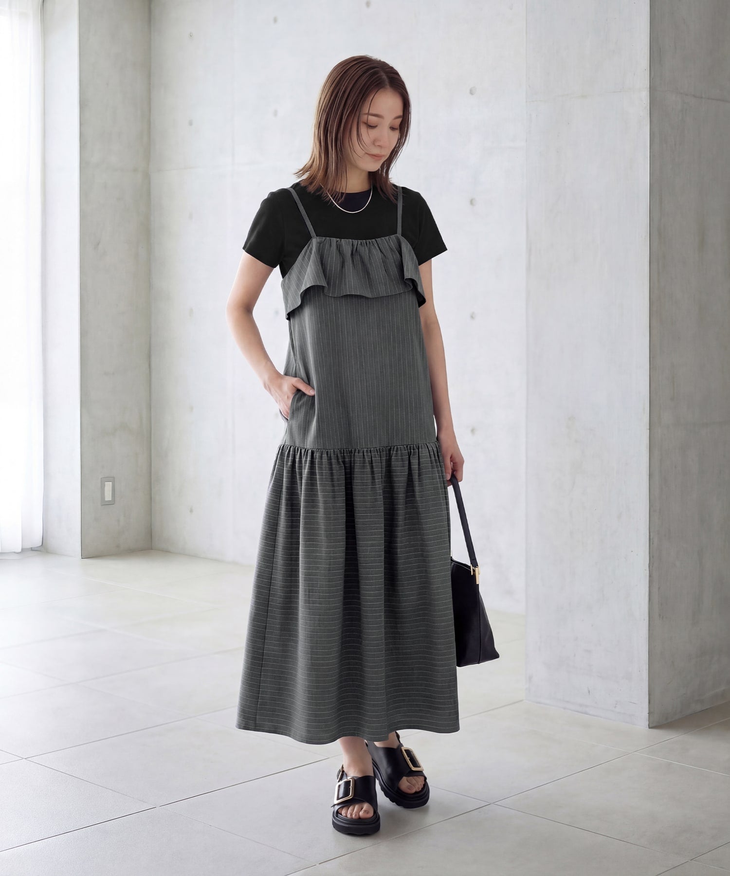 ふ*い様 美品✨️JANNE　 オードリールックスカート　黒　Sサイズ SET]レース切替アシンメトリーワンピース+ノースリーブプチネック