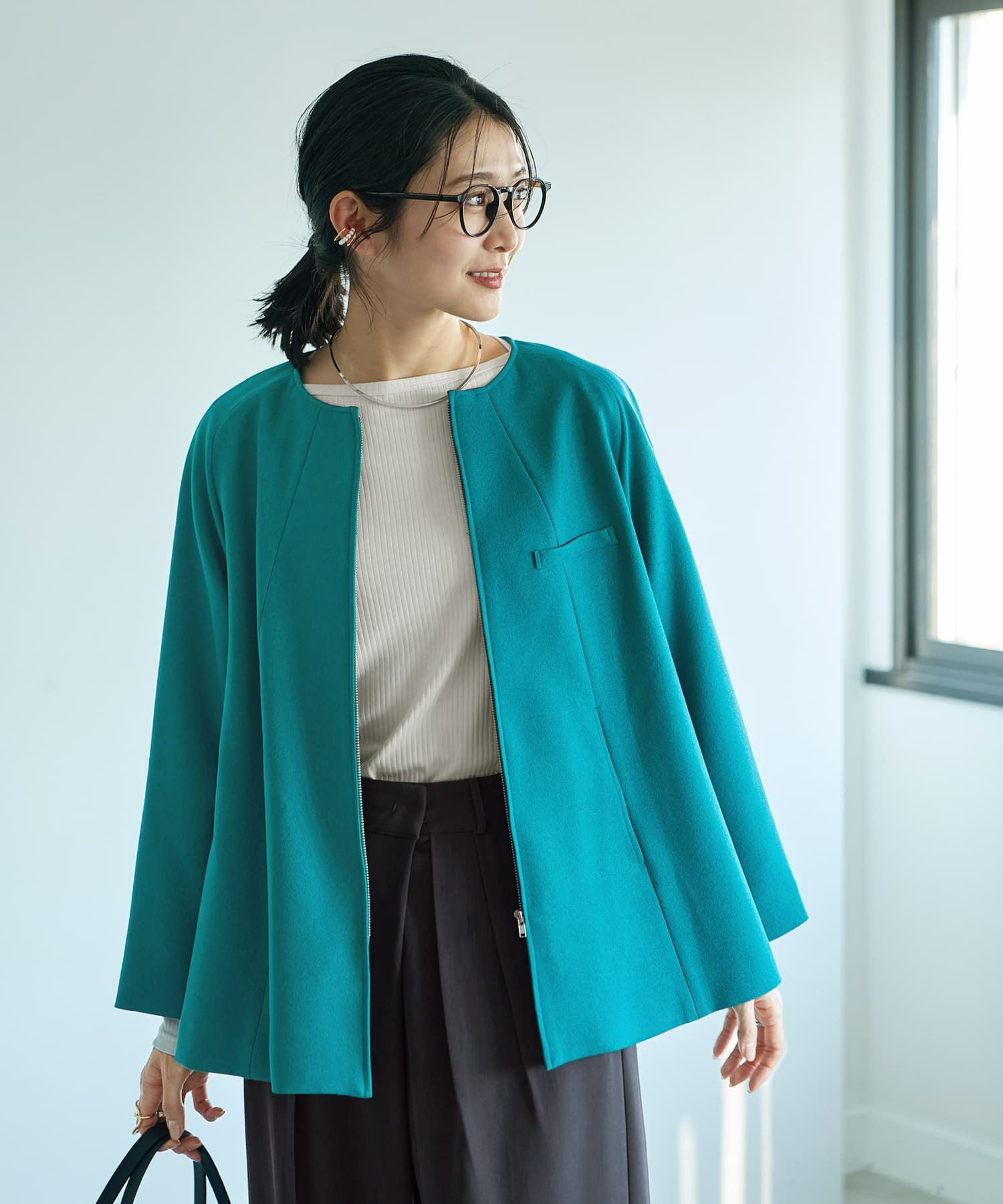 自由区【ハイライン】 Maille brillante ノーカラーアウター Made in JAPAN】Aラインノーカラージップ ジャケット | おしゃれな大人