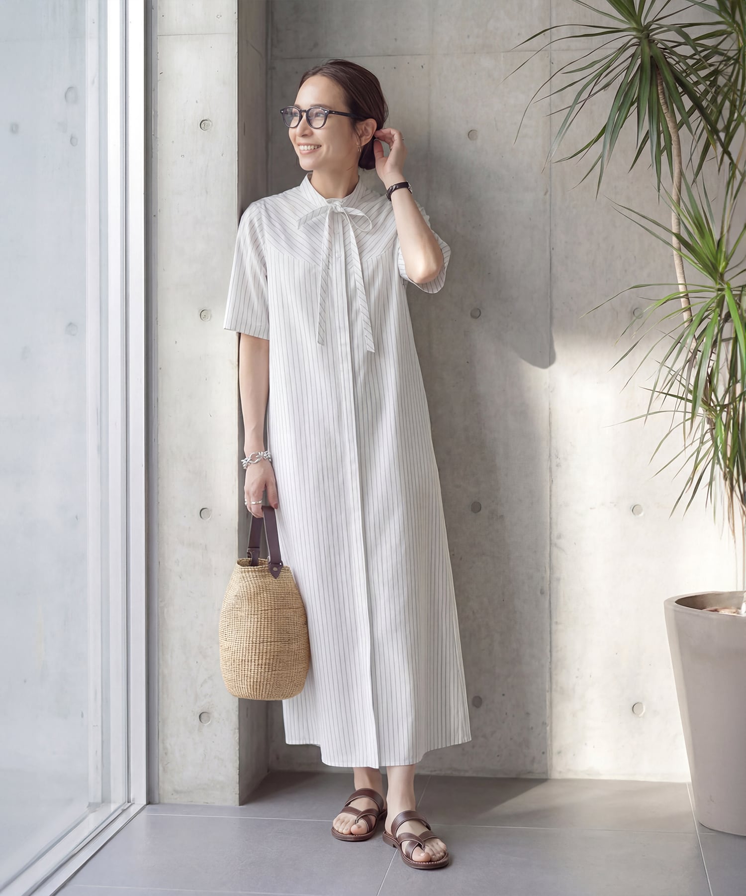 evelyn ストライプ柄リボン半袖ワンピース OUTLET】ストライプ柄リボンタイ半袖ワンピース | おしゃれな大人