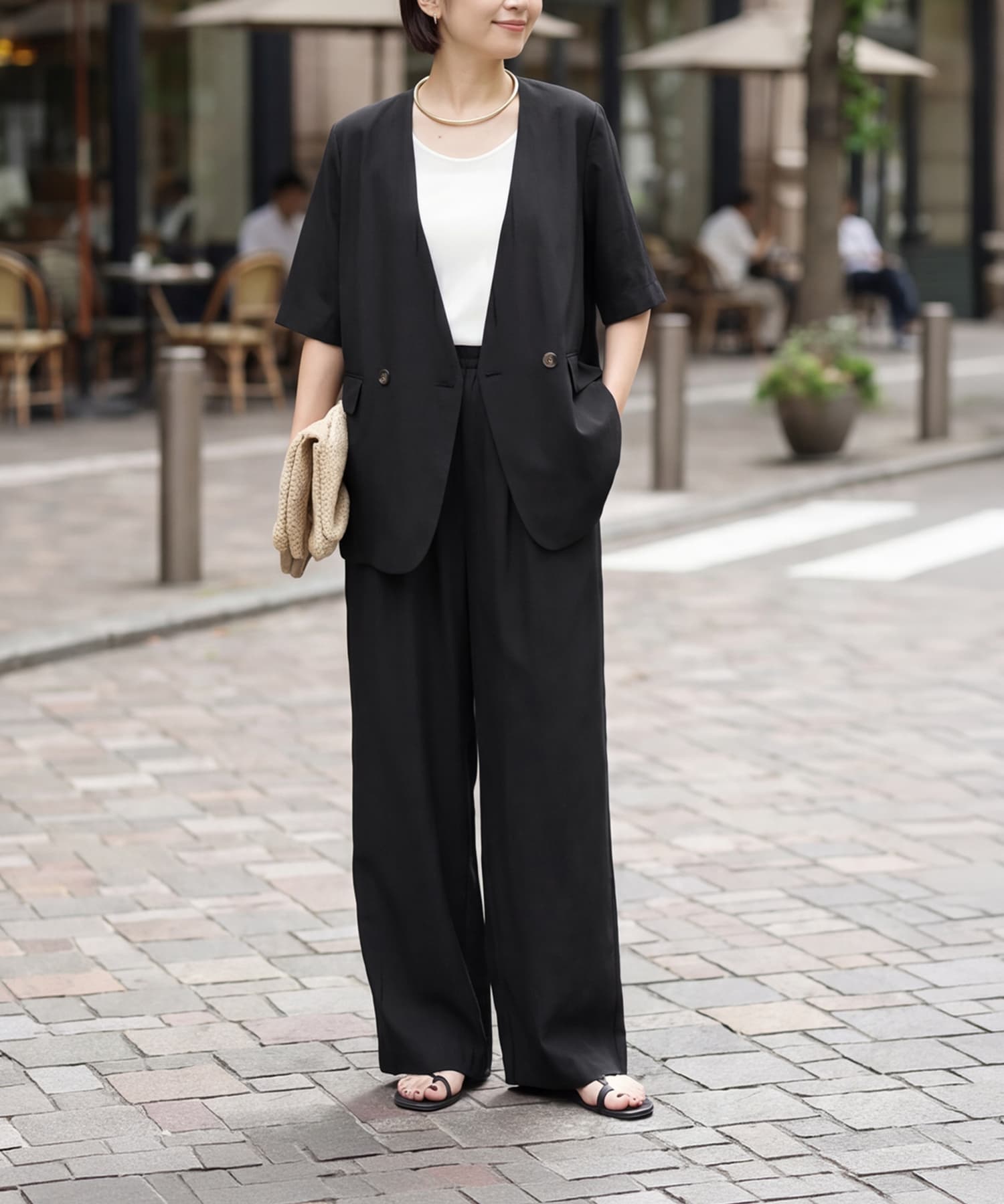 一部予約]微シボハーフスリーブノーカラージャケット【7月末頃入荷