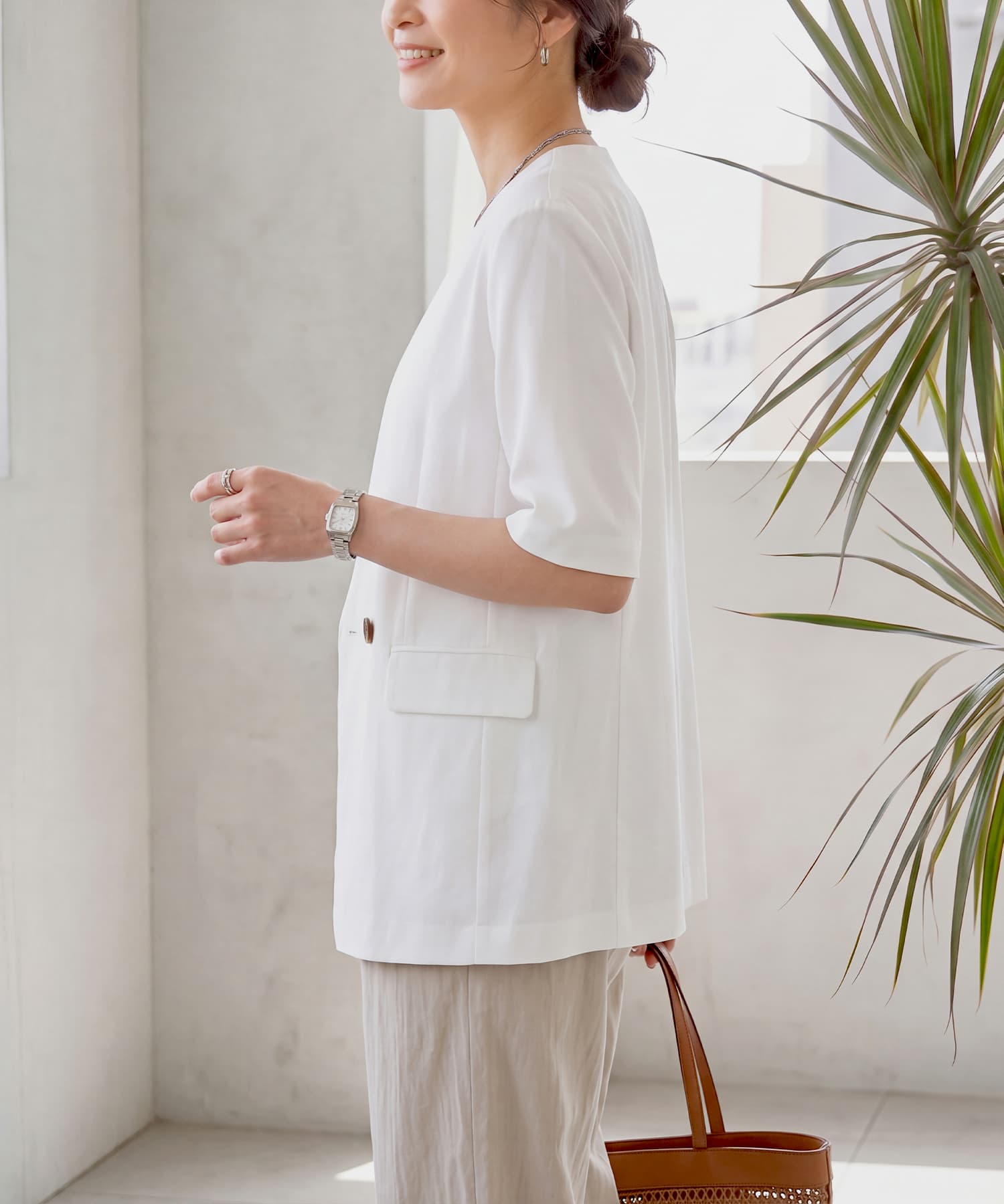 一部予約]微シボハーフスリーブノーカラージャケット【7月末頃入荷