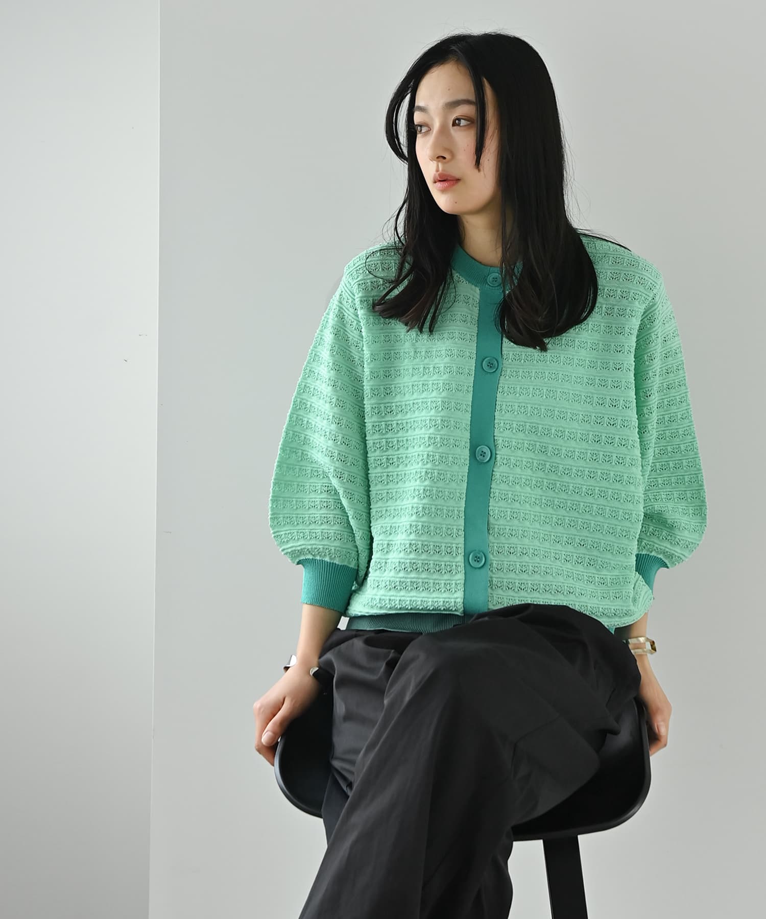 BLK001】透かし編みバイカラー半袖カーディガン | おしゃれな大人