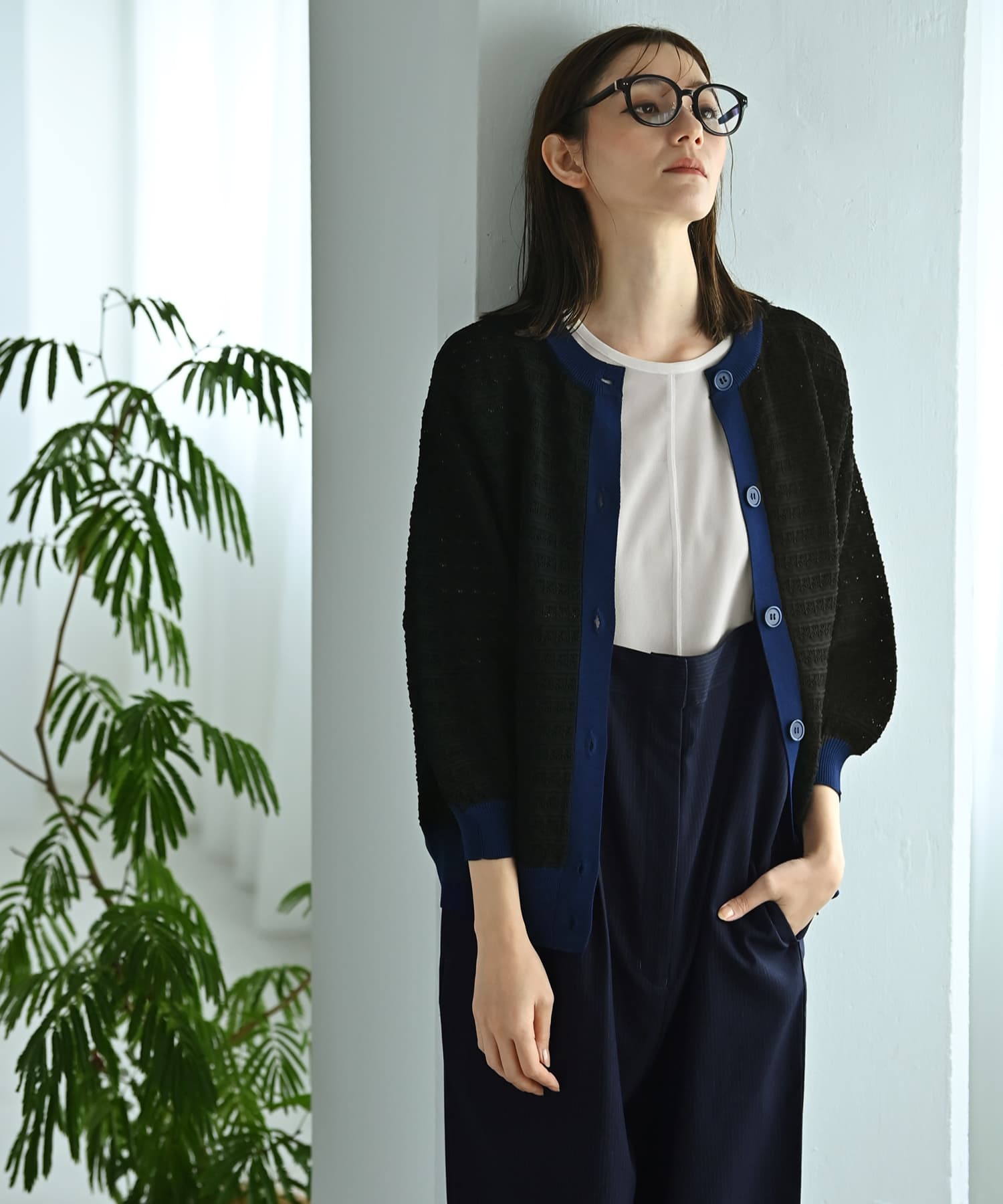 BLK001】透かし編みバイカラー半袖カーディガン | おしゃれな大人