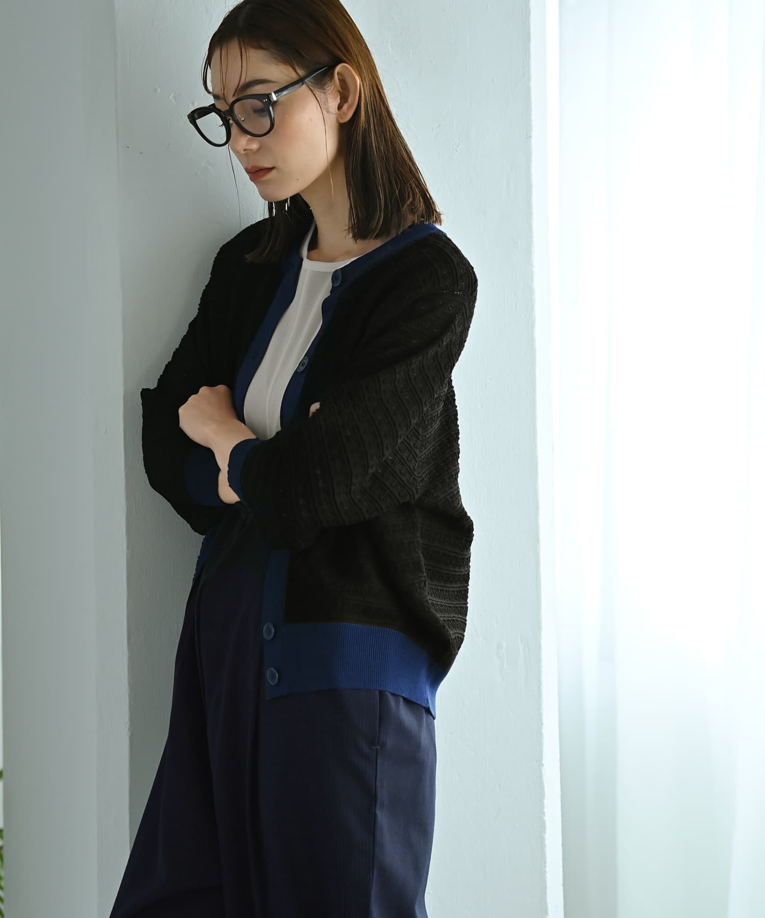 BLK001】透かし編みバイカラー半袖カーディガン | おしゃれな大人