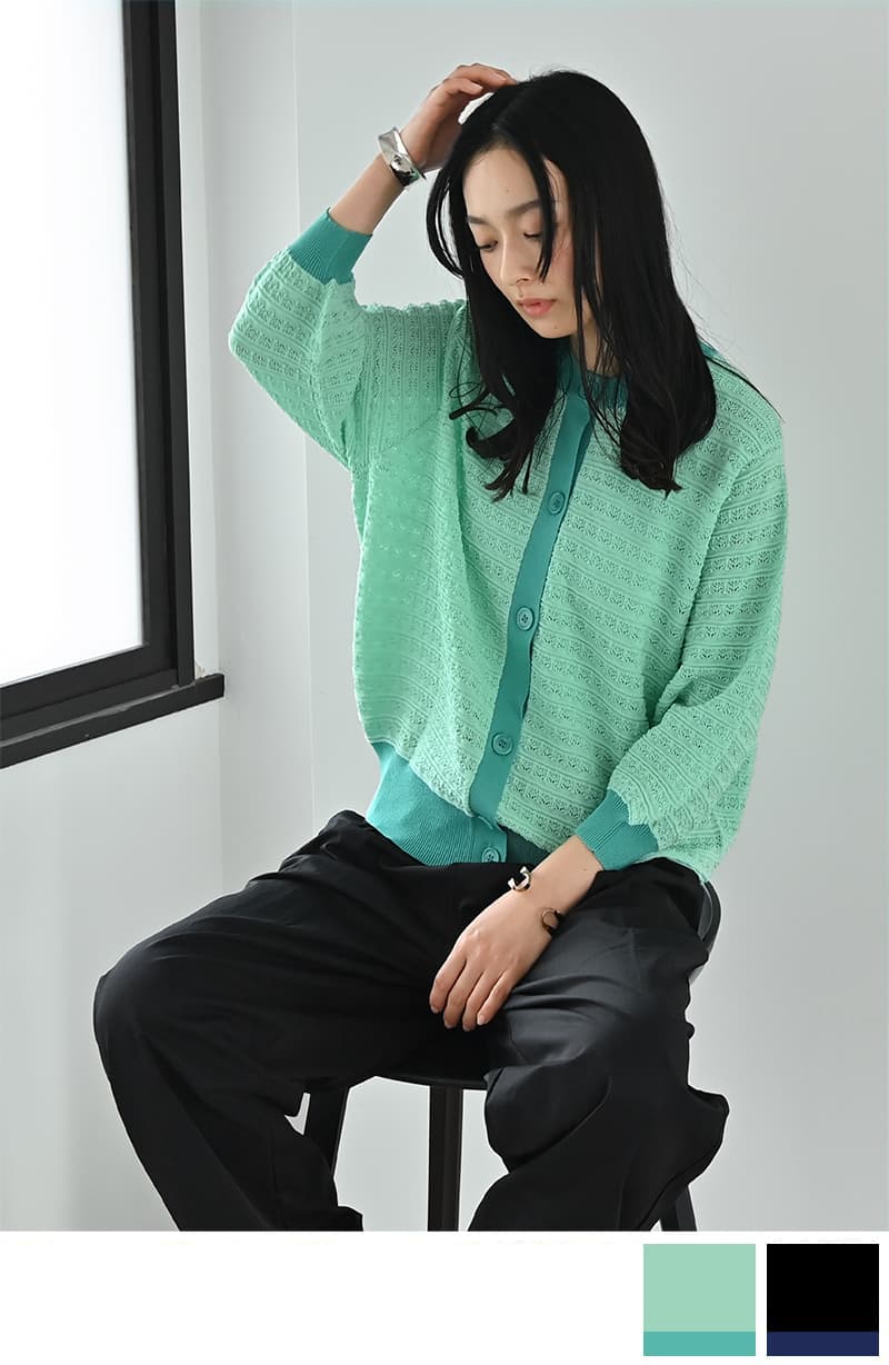 BLK001】透かし編みバイカラー半袖カーディガン | おしゃれな大人