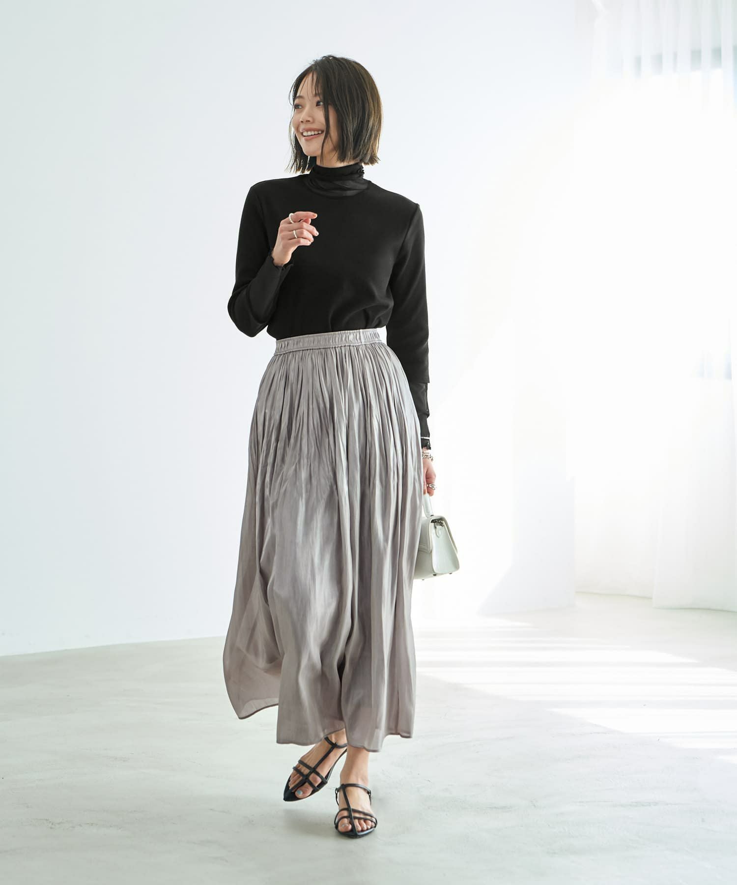 LUXE】メタリックサテンギャザースカート | おしゃれな大人レディース