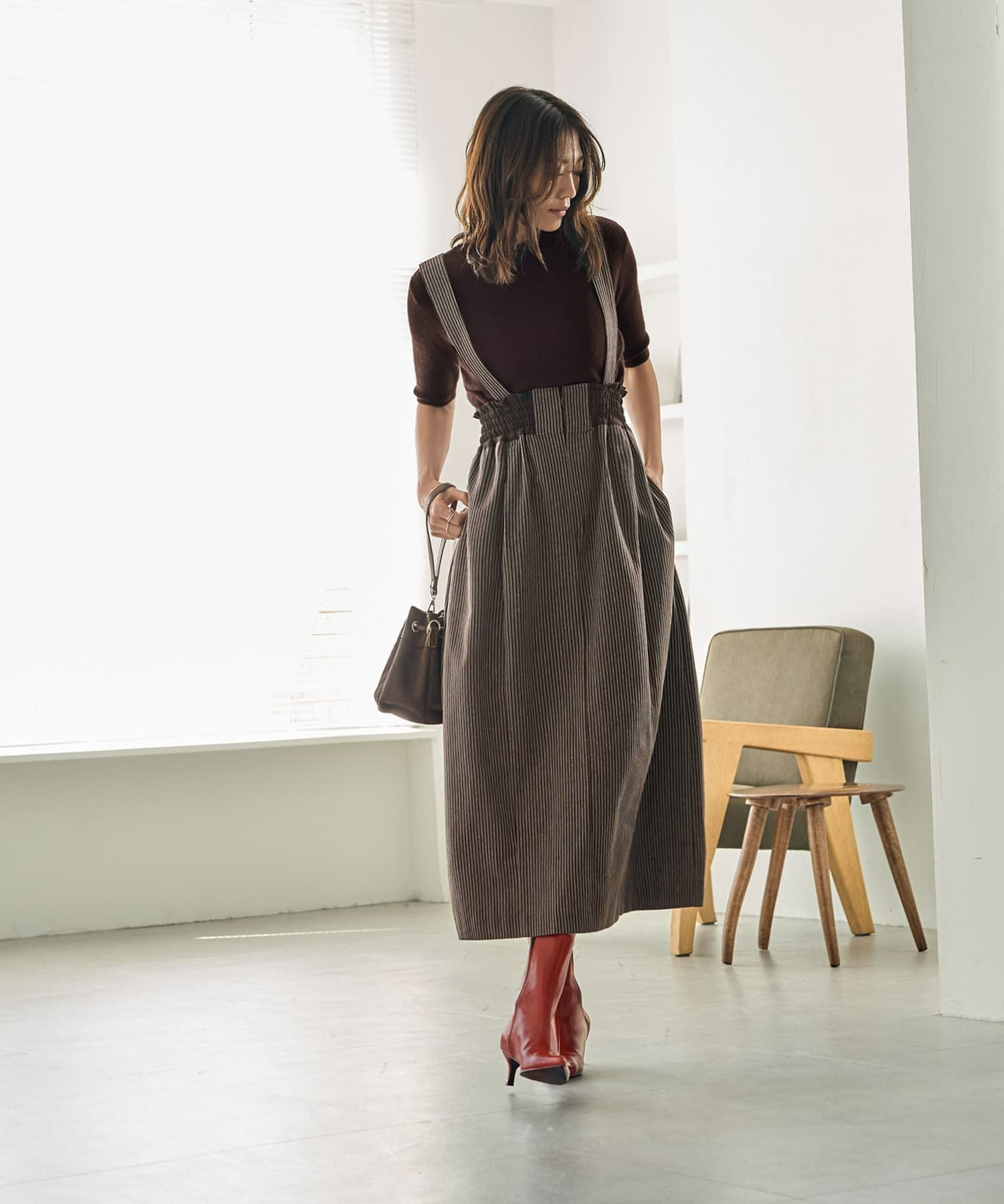 ストライプ生地サスペンダー付きスカート | おしゃれな大人レディース