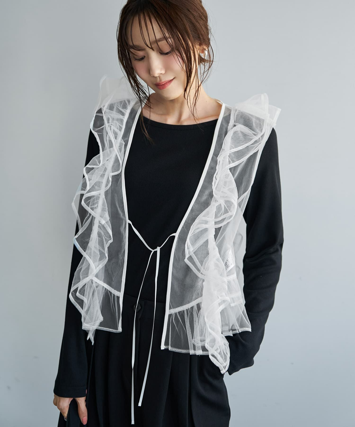 Meline M. フラフィー フリル トップス ベスト チュール フリル 白 チュールフリルベスト | おしゃれな大人レディースファッション通販