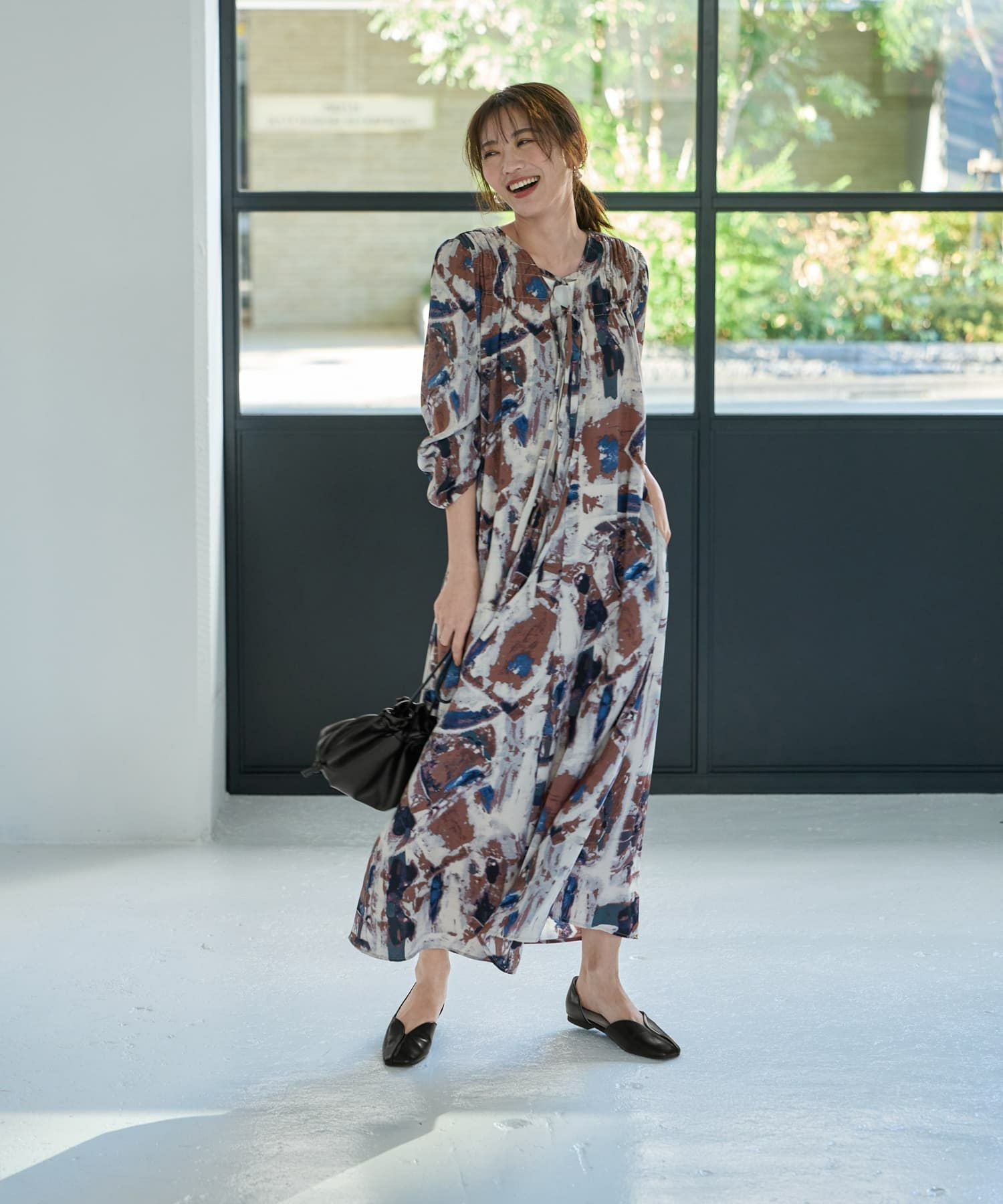 美品✨マレーラ　総柄ロングシャツワンピース　リボンベルト　ボルドー　38 ダブルリボンアート柄ワンピース | おしゃれな大人レディース