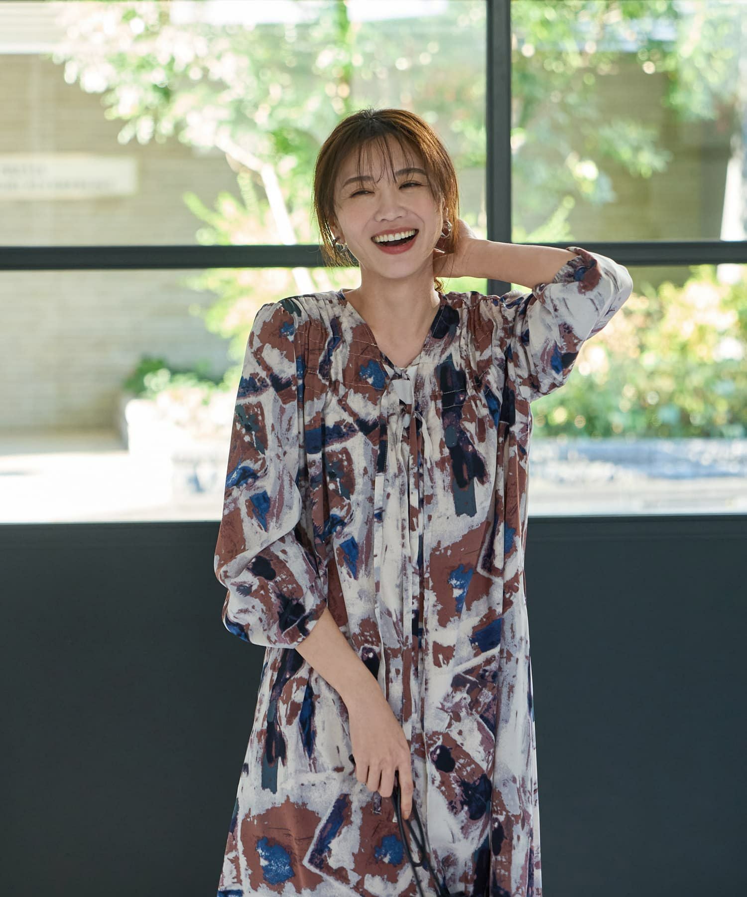 美品✨マレーラ　総柄ロングシャツワンピース　リボンベルト　ボルドー　38 ダブルリボンアート柄ワンピース | おしゃれな大人レディース