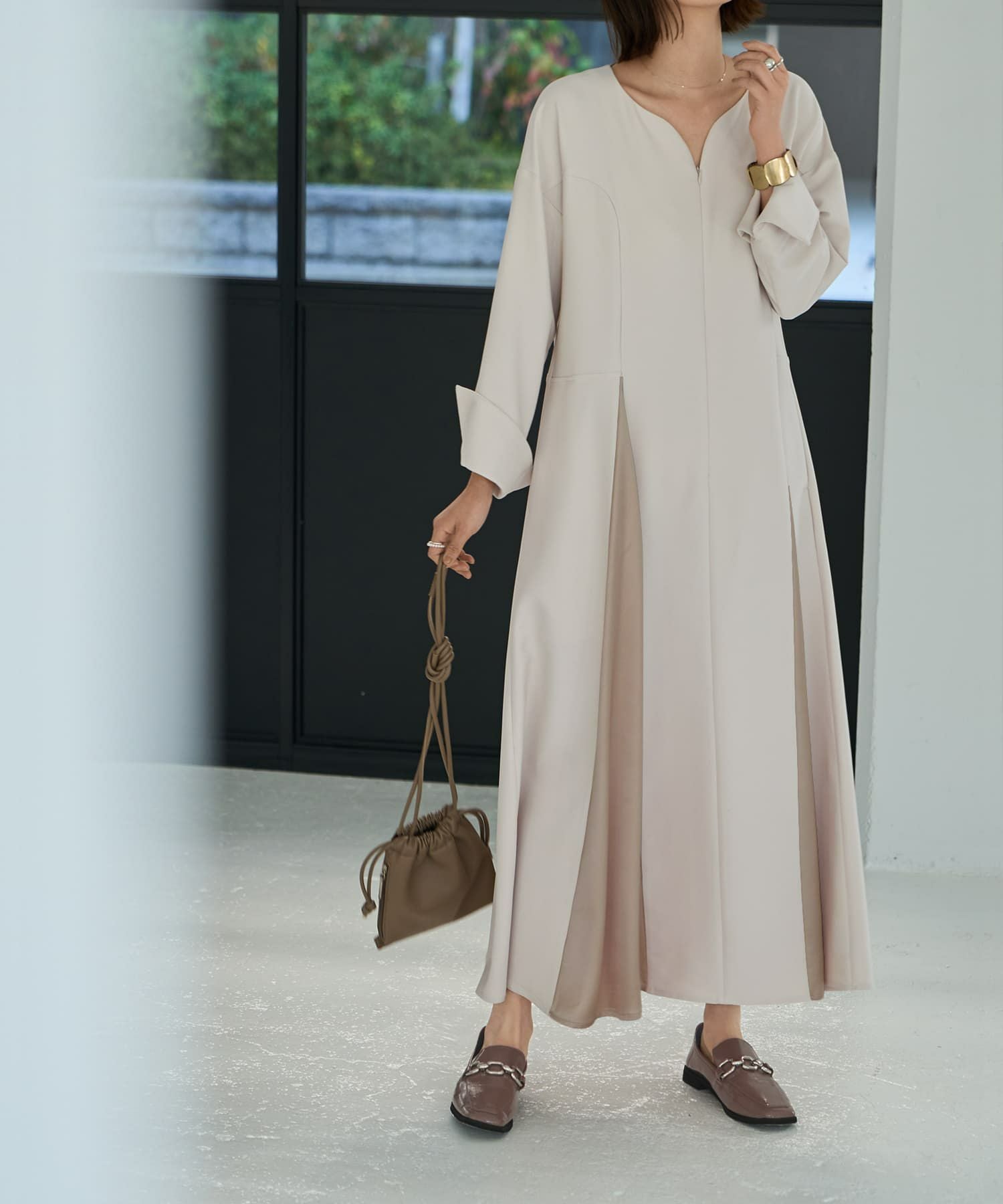 大人系シンプルドレス LUXE】フロントファスナー微配色ワンピース | おしゃれな大人