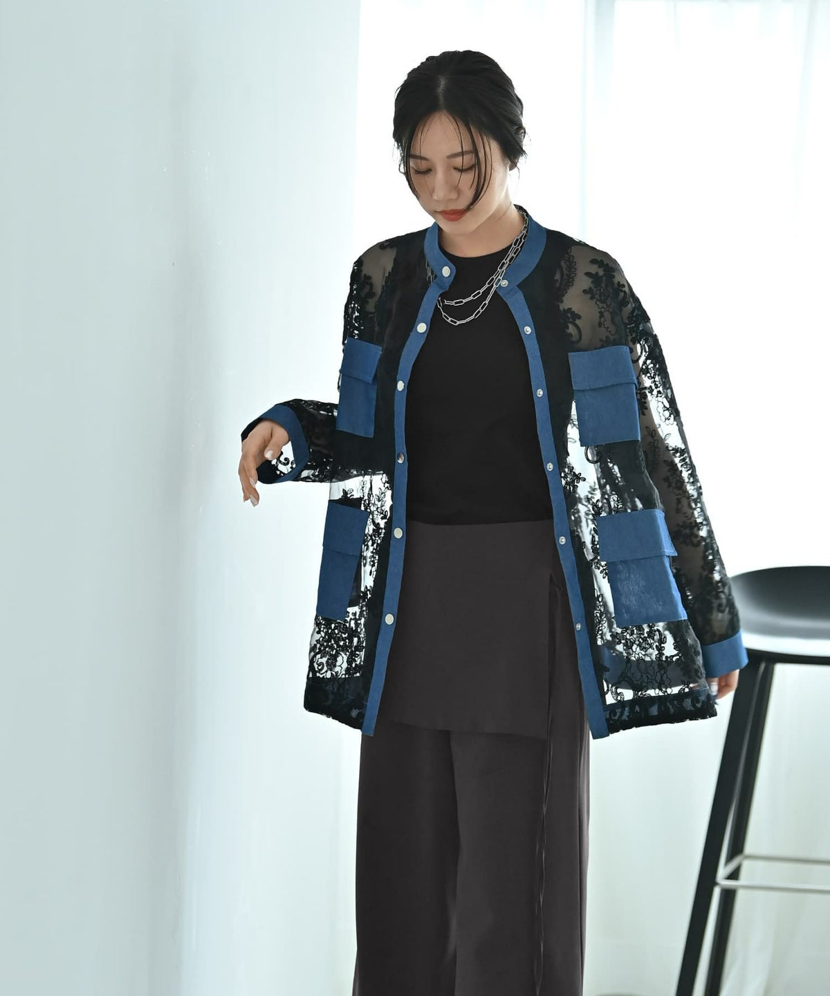 着用イメージ 172cm ブラック×インディゴ