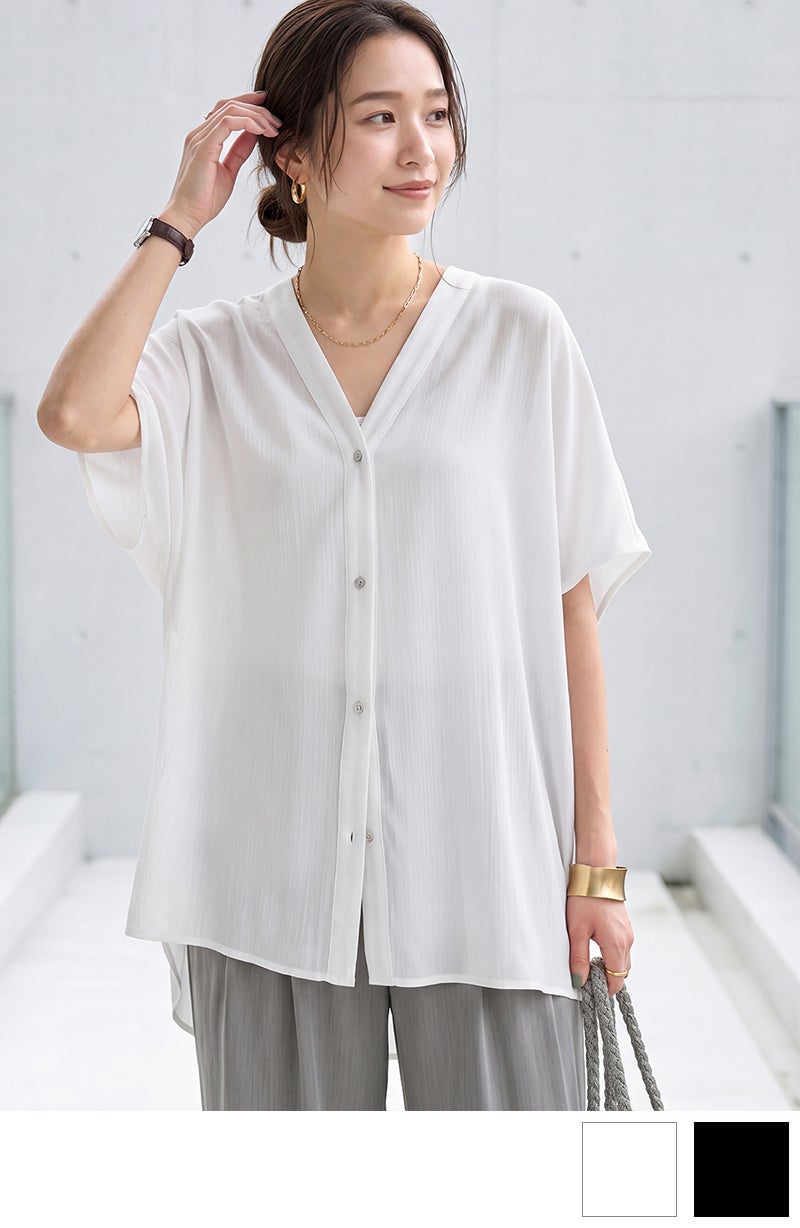 plantation プランツ 楊柳ブラウス　Vネックプルオーバーオーバーサイズ LUXE】楊柳ゆったりVネックブラウスB | おしゃれな大人レディース