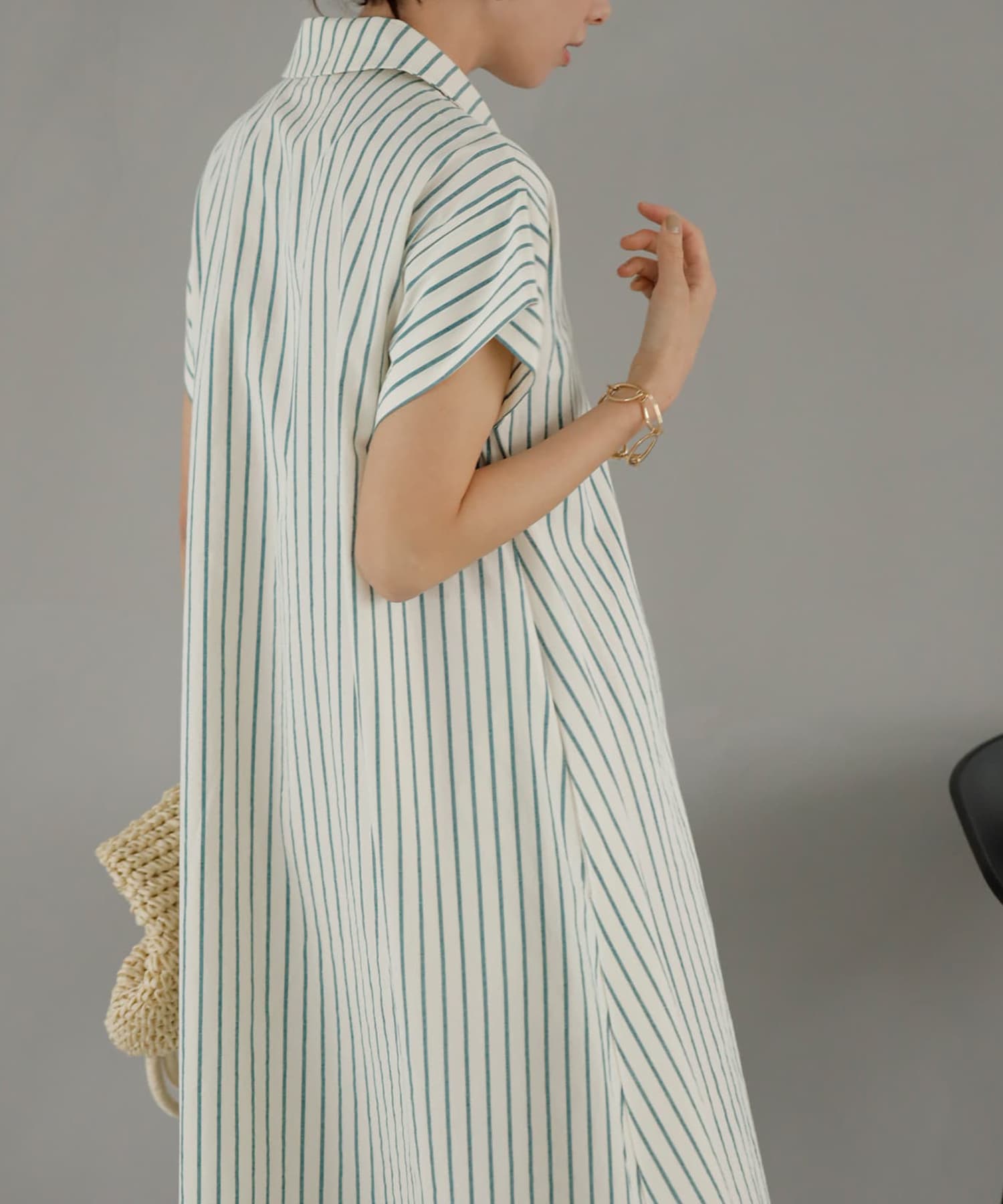 LUXE】洗いコットンの半袖ストライプ柄シャツワンピース | おしゃれな