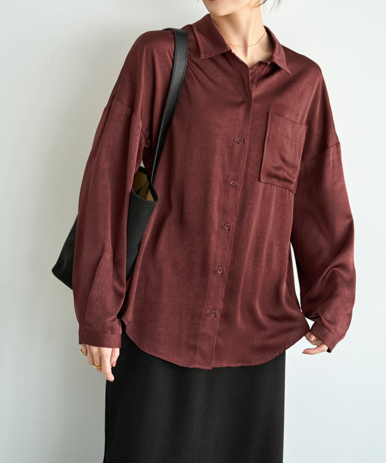 ☆【LUXE】シボ入りとろみサテンシャツB | おしゃれな大人レディース