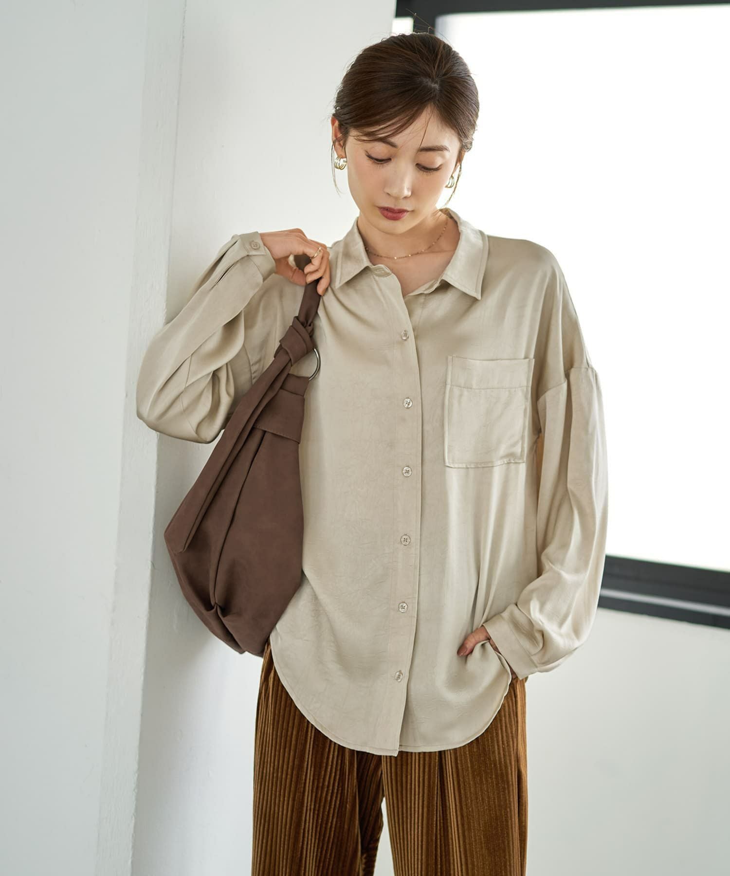 ☆【LUXE】シボ入りとろみサテンシャツB | おしゃれな大人レディース