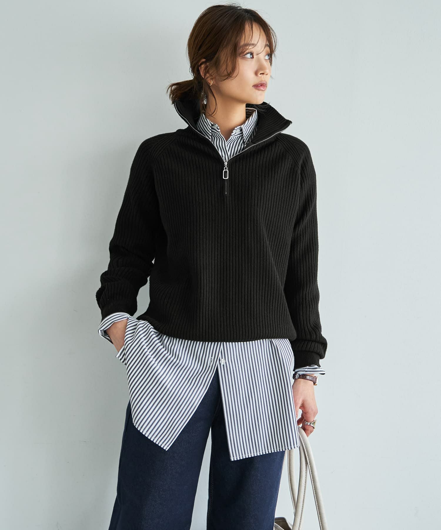 一部予約商品]スタンドネックジップニットトップス【3月中旬頃入荷