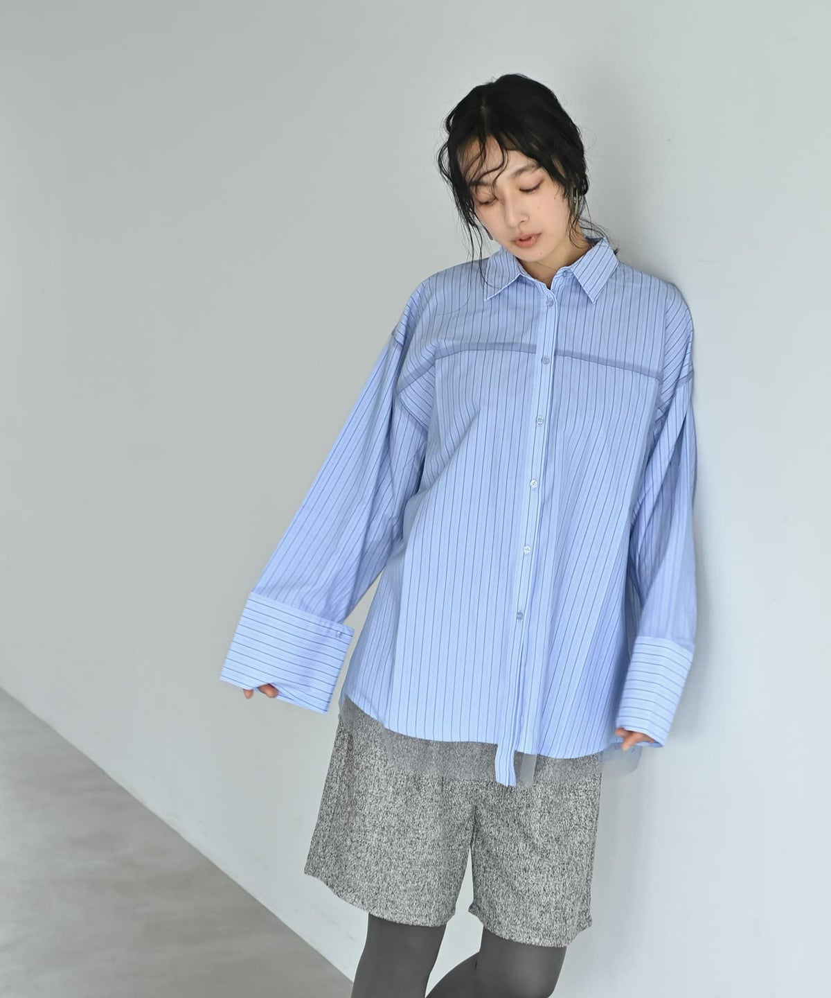 着用イメージ 167cm ブルー×ストライプ