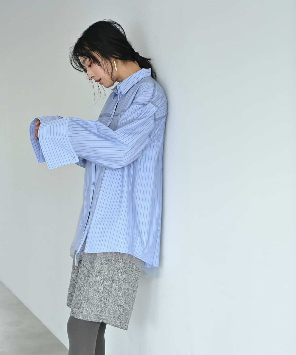 着用イメージ 167cm ブルー×ストライプ