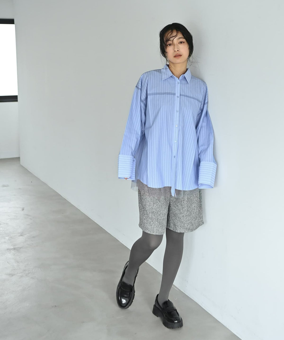 着用イメージ 167cm ブルー×ストライプ