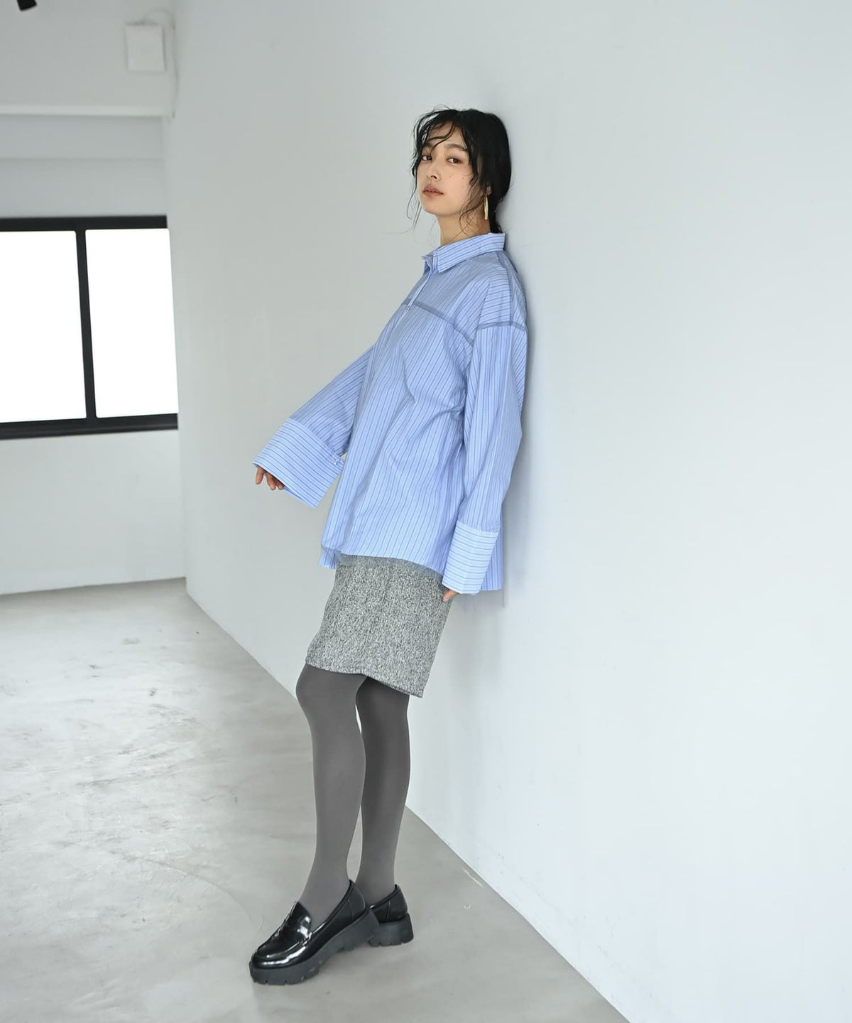 着用イメージ 167cm ブルー×ストライプ