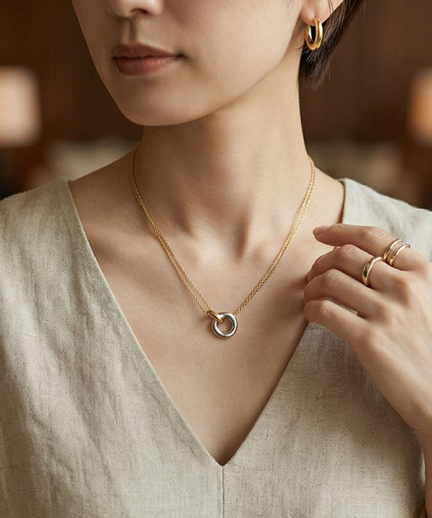 DELI by】ダブルリングモチーフステンレスネックレス | おしゃれな大人