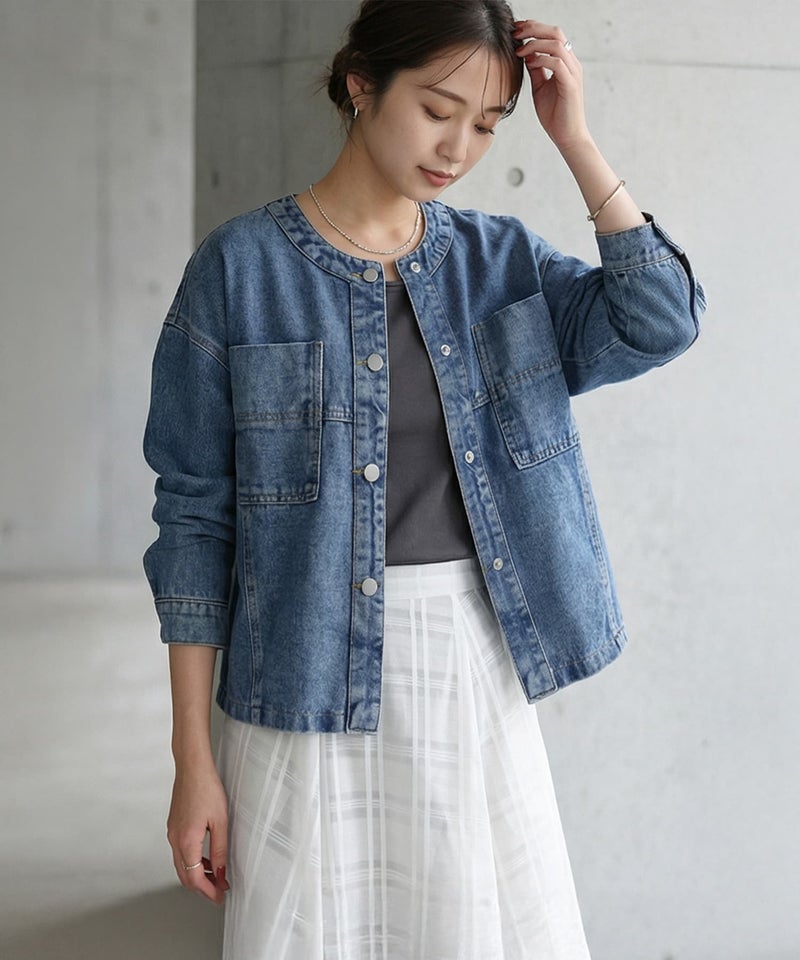予約]ヌケ感ノーカラーデニムジャケット【9月上旬～中旬頃入荷 
