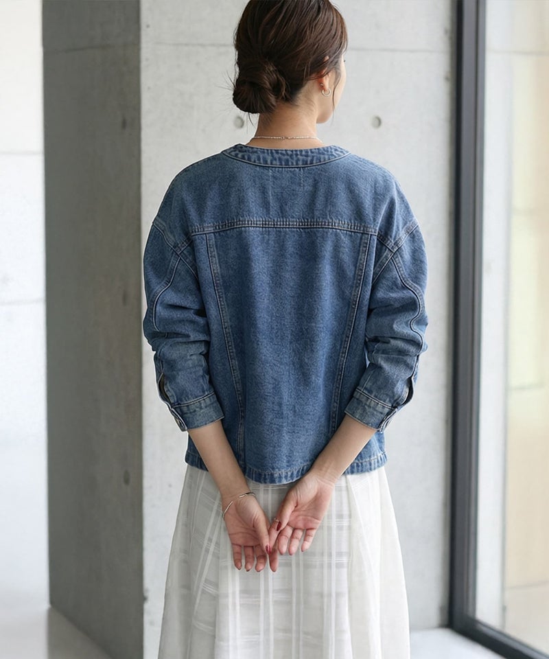 予約]ヌケ感ノーカラーデニムジャケット【9月上旬～中旬頃入荷 