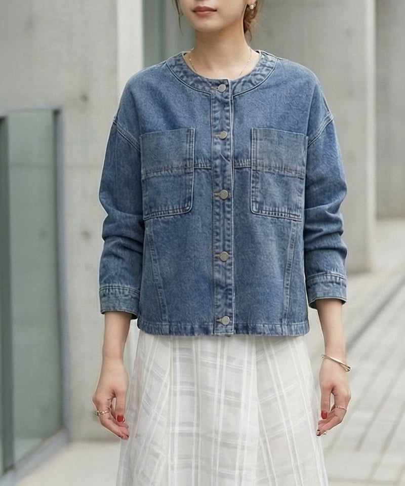 予約]ヌケ感ノーカラーデニムジャケット【9月上旬～中旬頃入荷 