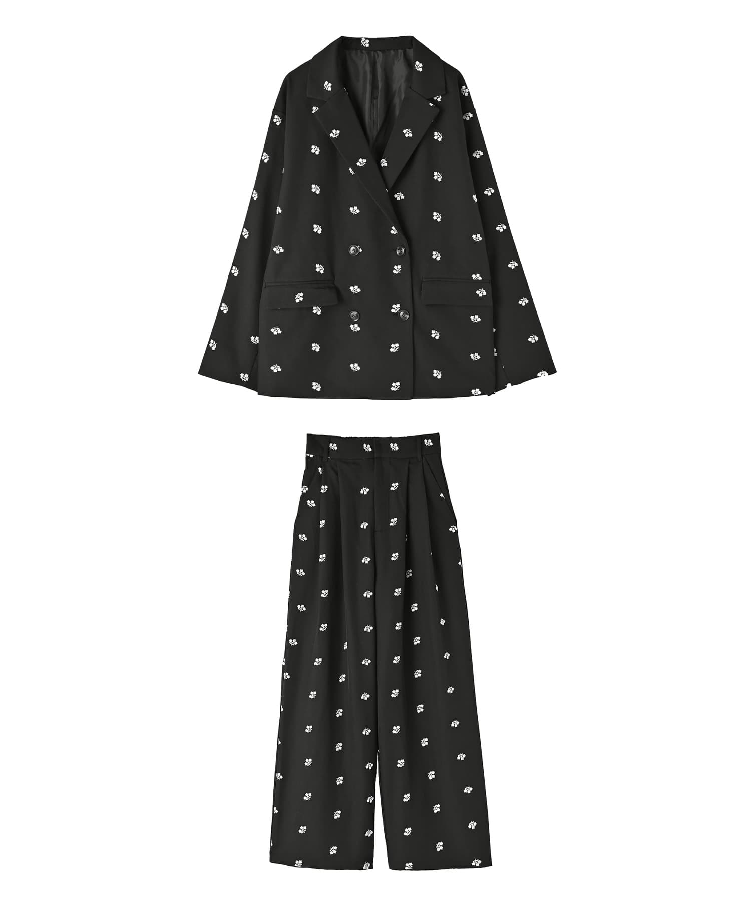 SET］【BLK001】花柄刺繍ツイルテーラードジャケット×タックパンツ