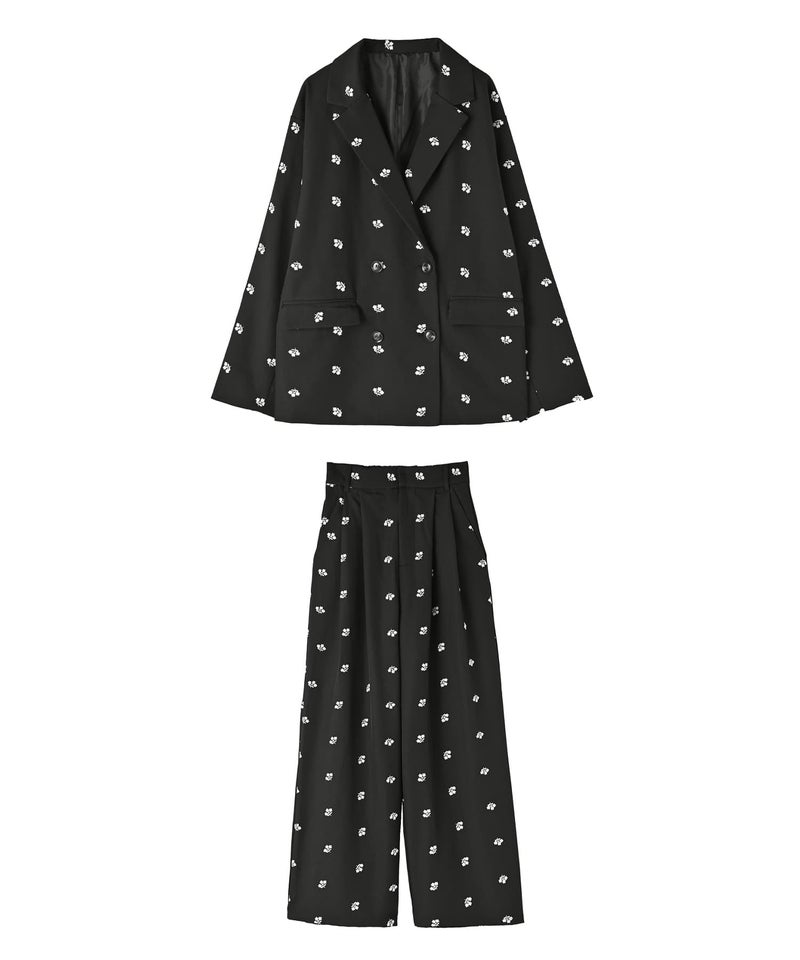SET］【BLK001】花柄刺繍ツイルテーラードジャケット×タックパンツ 