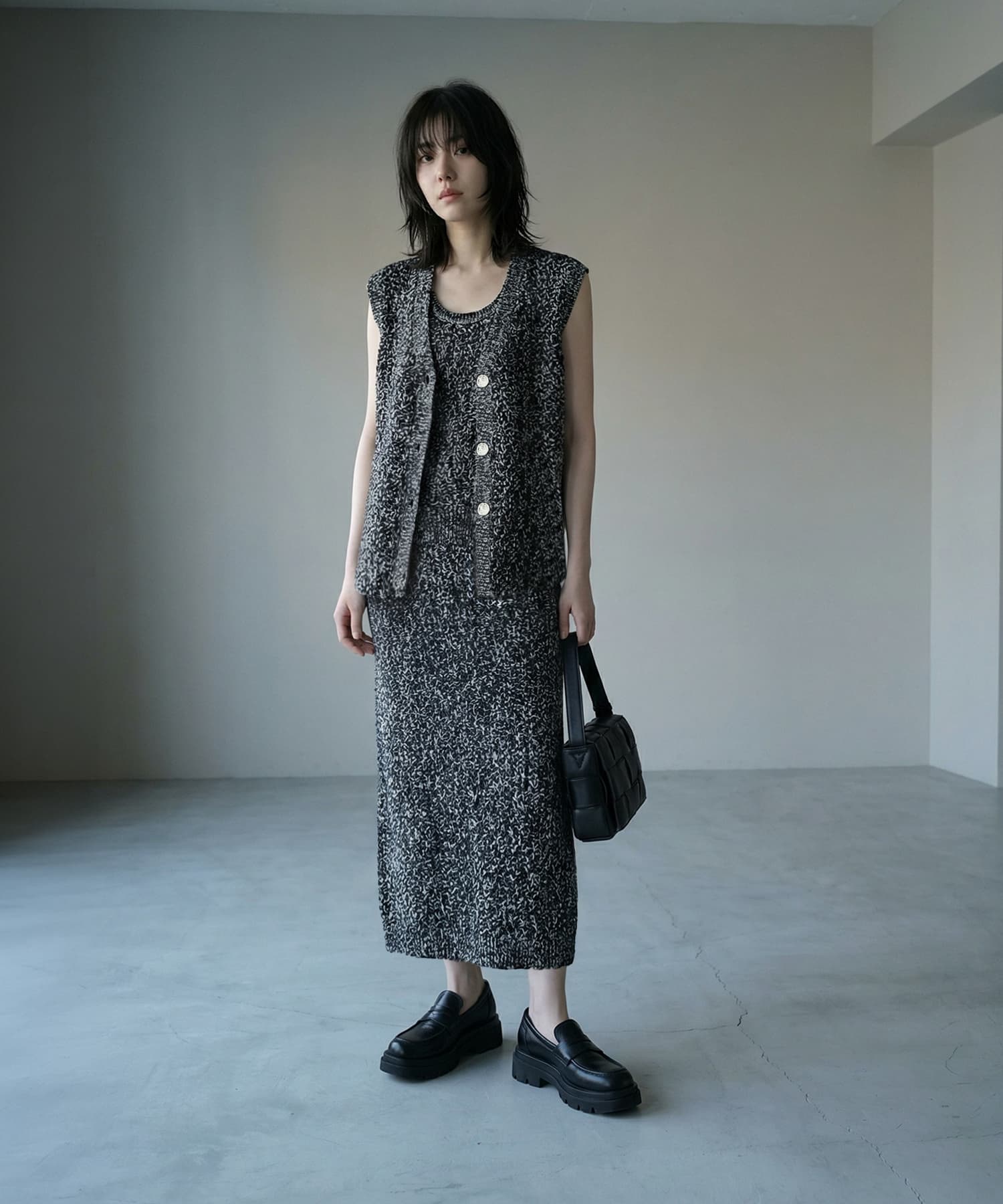 SET］【BLK001】ツイード風ミックススラブ3点セットアップ