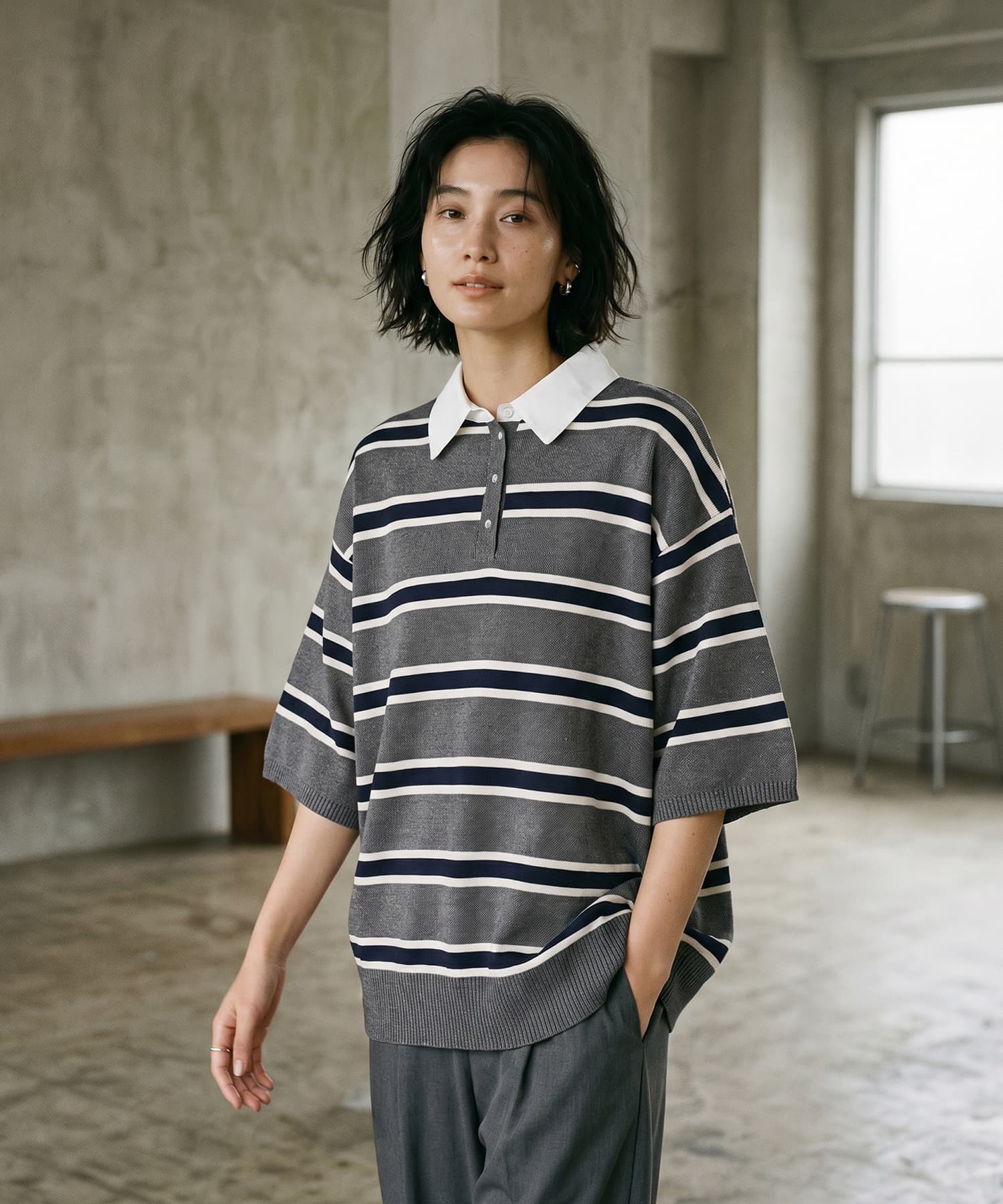 BLK001】シャツ襟半袖ポロニット | おしゃれな大人レディース