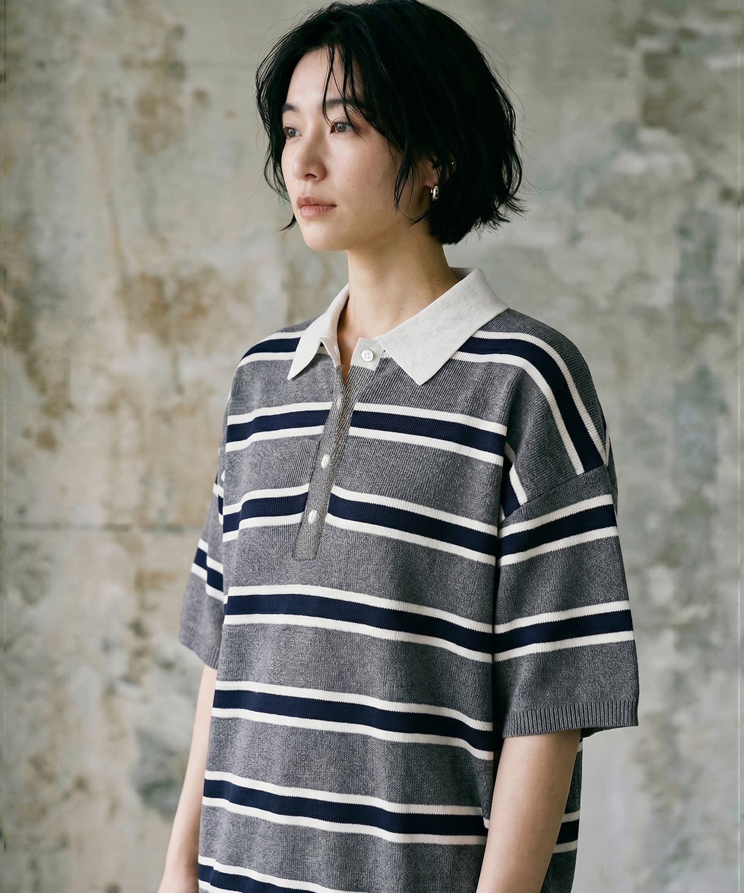 BLK001】シャツ襟半袖ポロニット | おしゃれな大人レディース