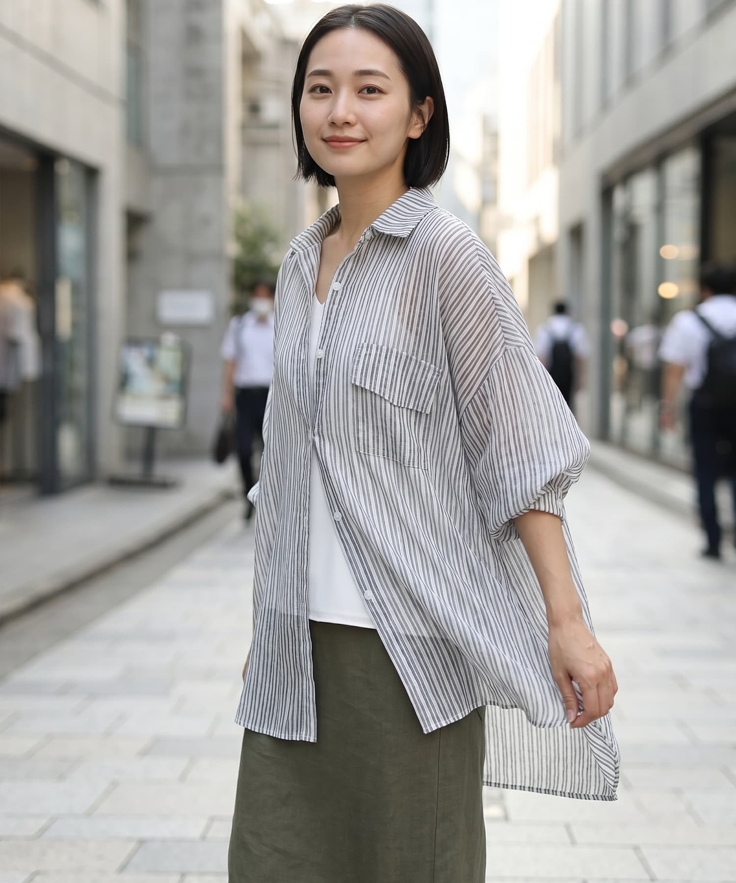 一部予約]夏に羽織るストライプ柄シアーシャツ【6月下旬頃入荷