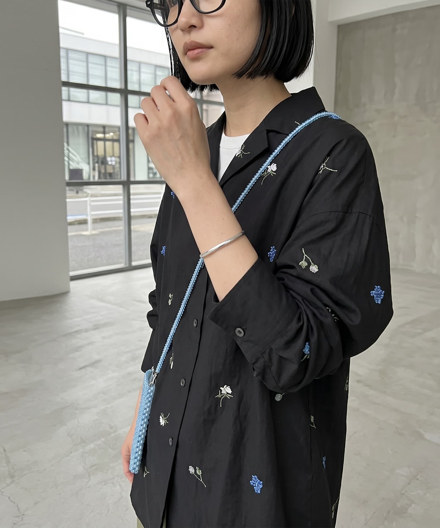 BLK001】[SET]配色刺繍オープンカラーシャツ×イージーパンツ