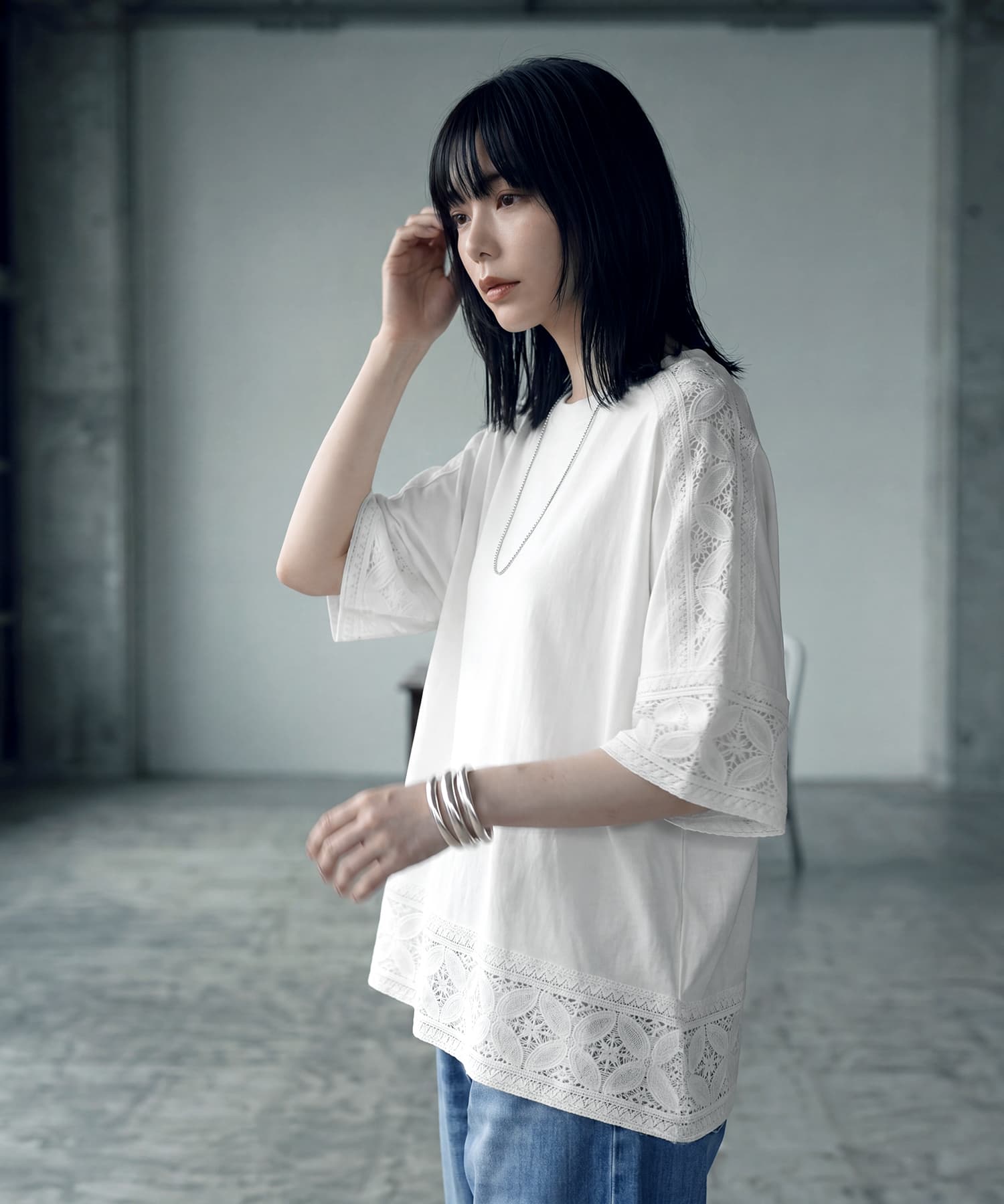 予約]【BLK001】レースパッチワークデザインTシャツ【7月中旬頃入荷
