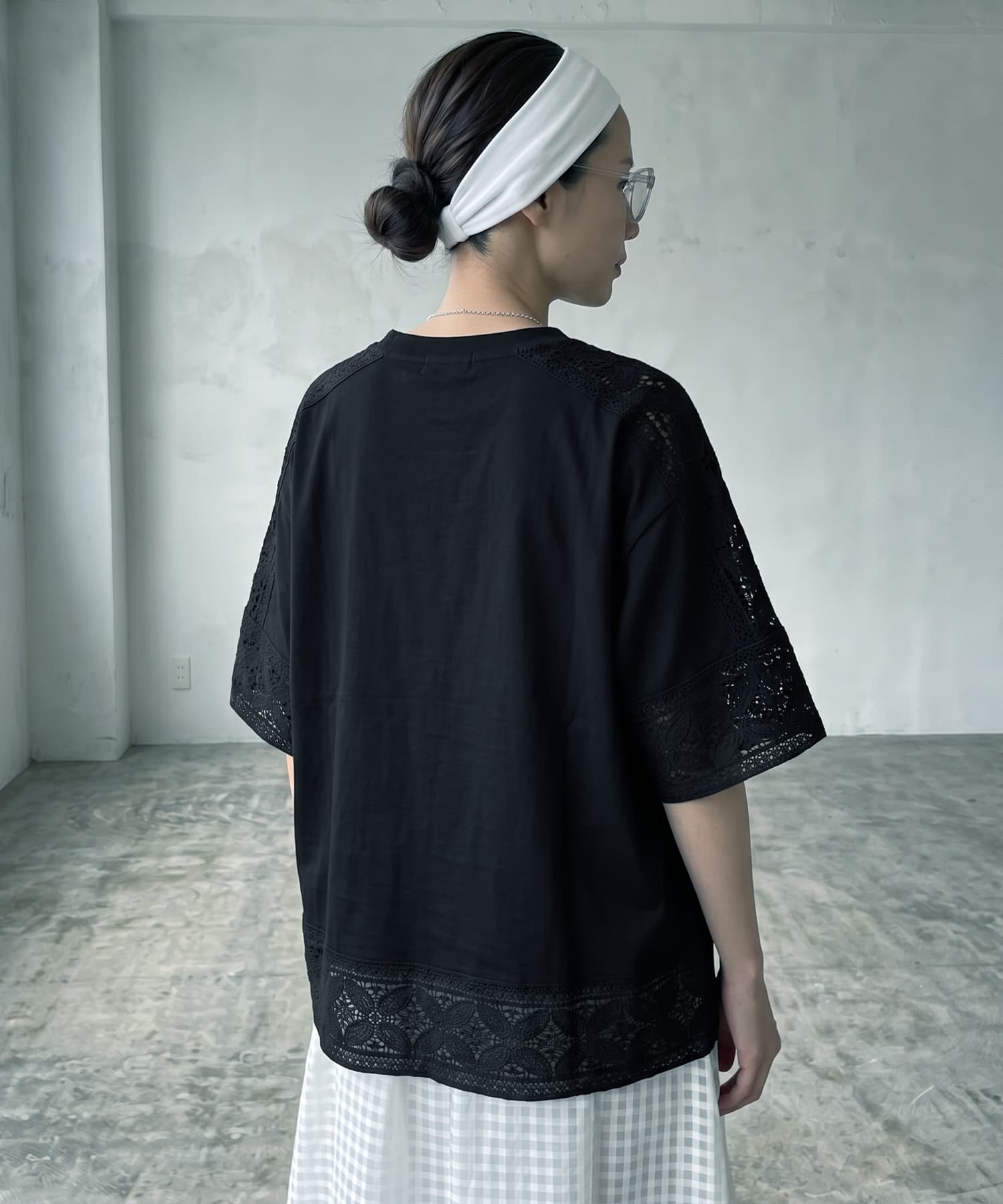 d.i.a. 黒 長袖 Tシャツ レース デザイン 値下げ交渉可能 予約]【BLK001】レースパッチワークデザインTシャツ【7月中旬頃入荷