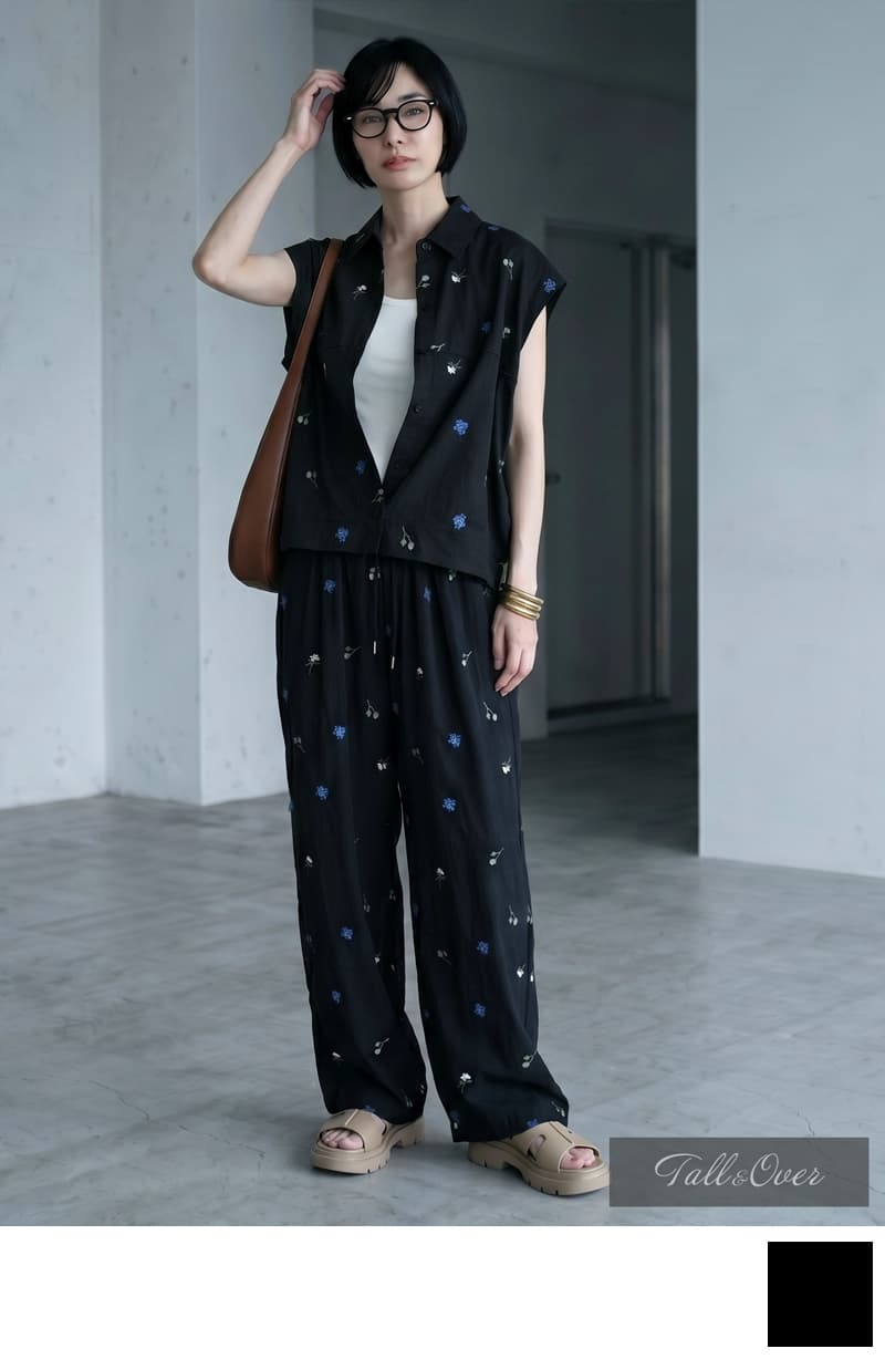 BLK001】[SET]配色刺繍ランタンノースリシャツ×イージーパンツ