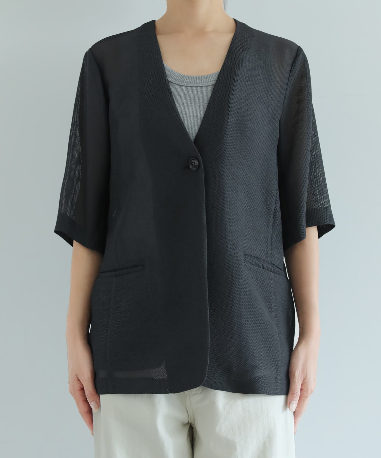 新品　ヤマダヤ　ブラックメッシュカーディガン-ノーカラージャケット五分袖 selection】5分袖メッシュノーカラージャケット | おしゃれな大人
