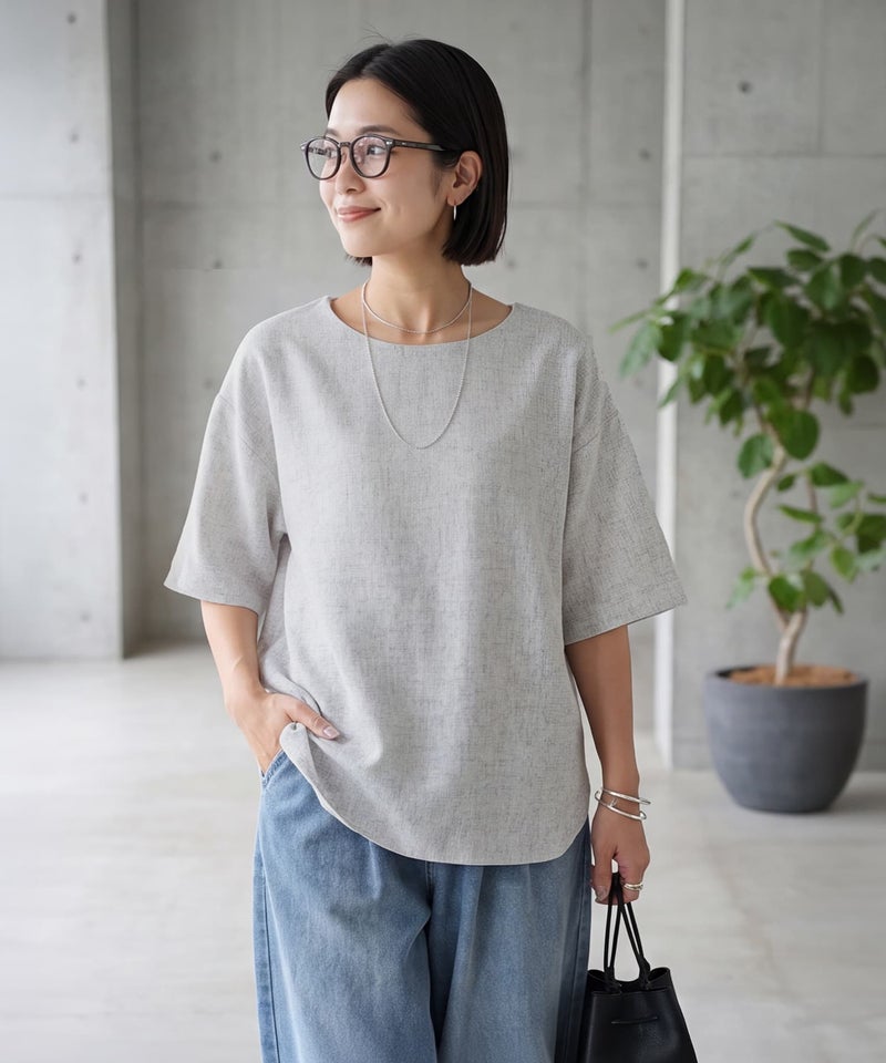 一部予約]涼しい麻調5分袖プルオーバーブラウス【9月上旬頃入荷 