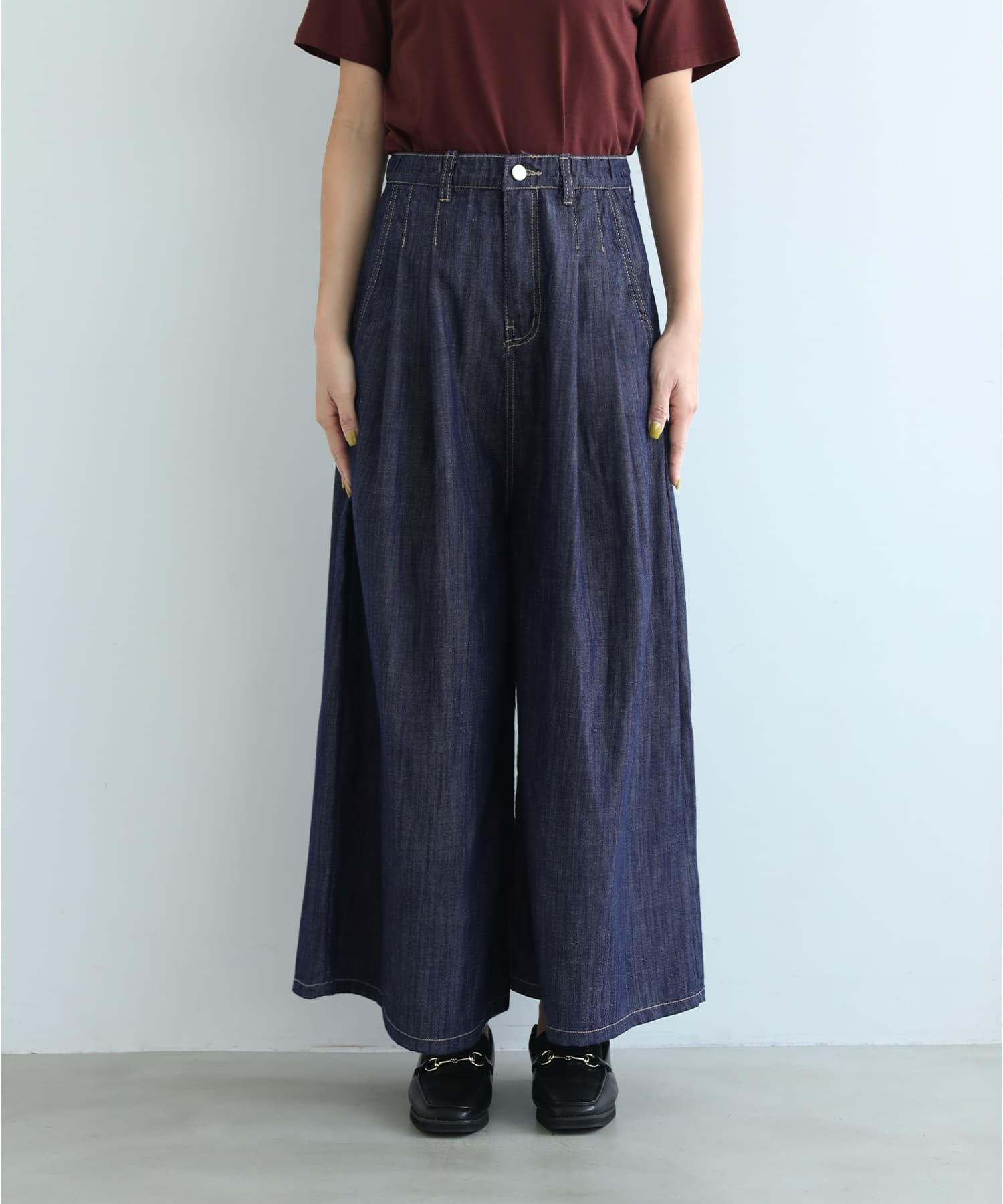 114　萌　M-L　ウエストゴムガウチョパンッ　柔らかいデニム系生地 内ゴム入り】薄手で柔らかデニムガウチョパンツ | おしゃれな大人